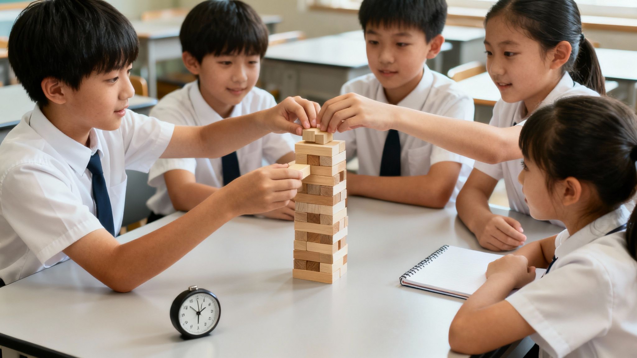 Five young students collaboratively playing a Jenga game in a bright classroom setting.