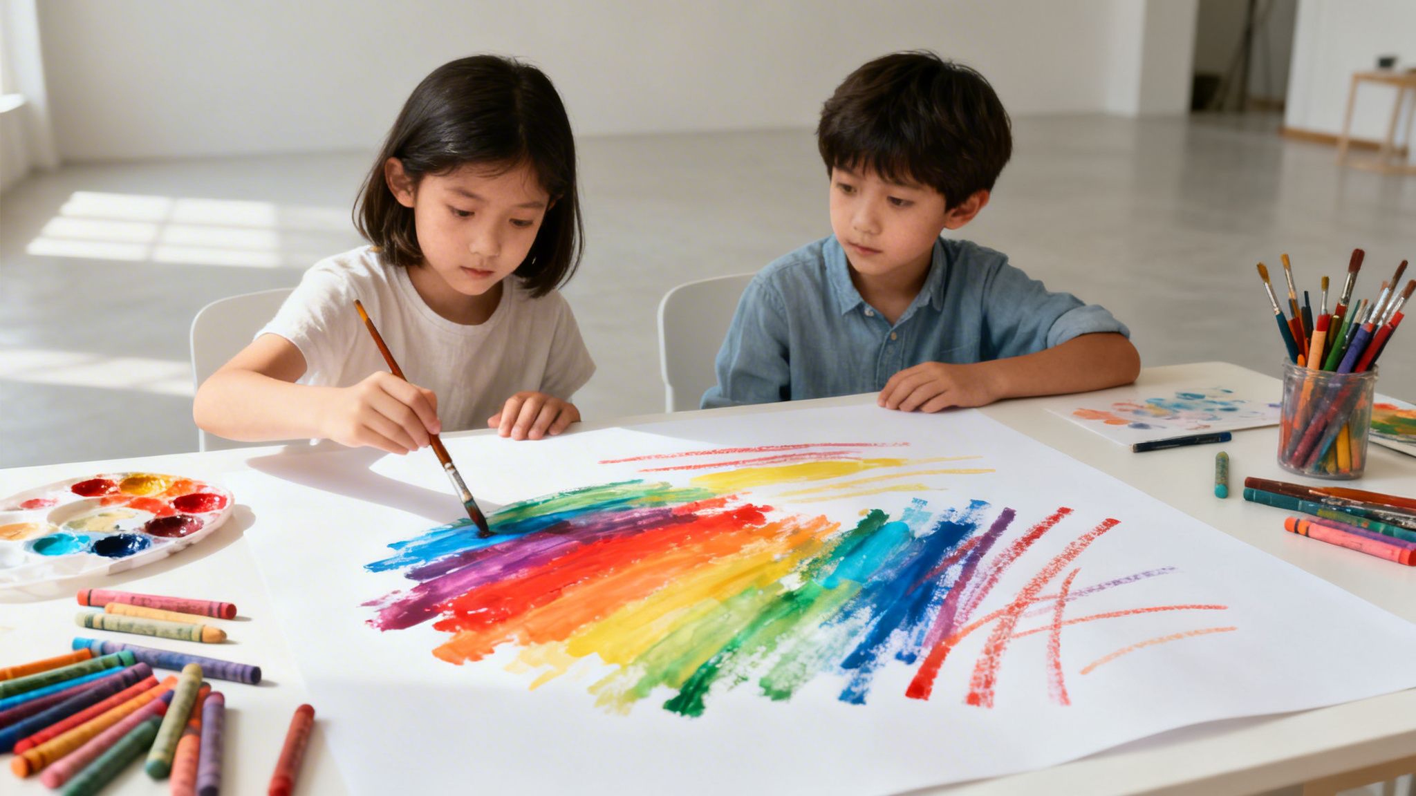 Two Asian children painting a vibrant rainbow with watercolors on paper, surrounded by art supplies.