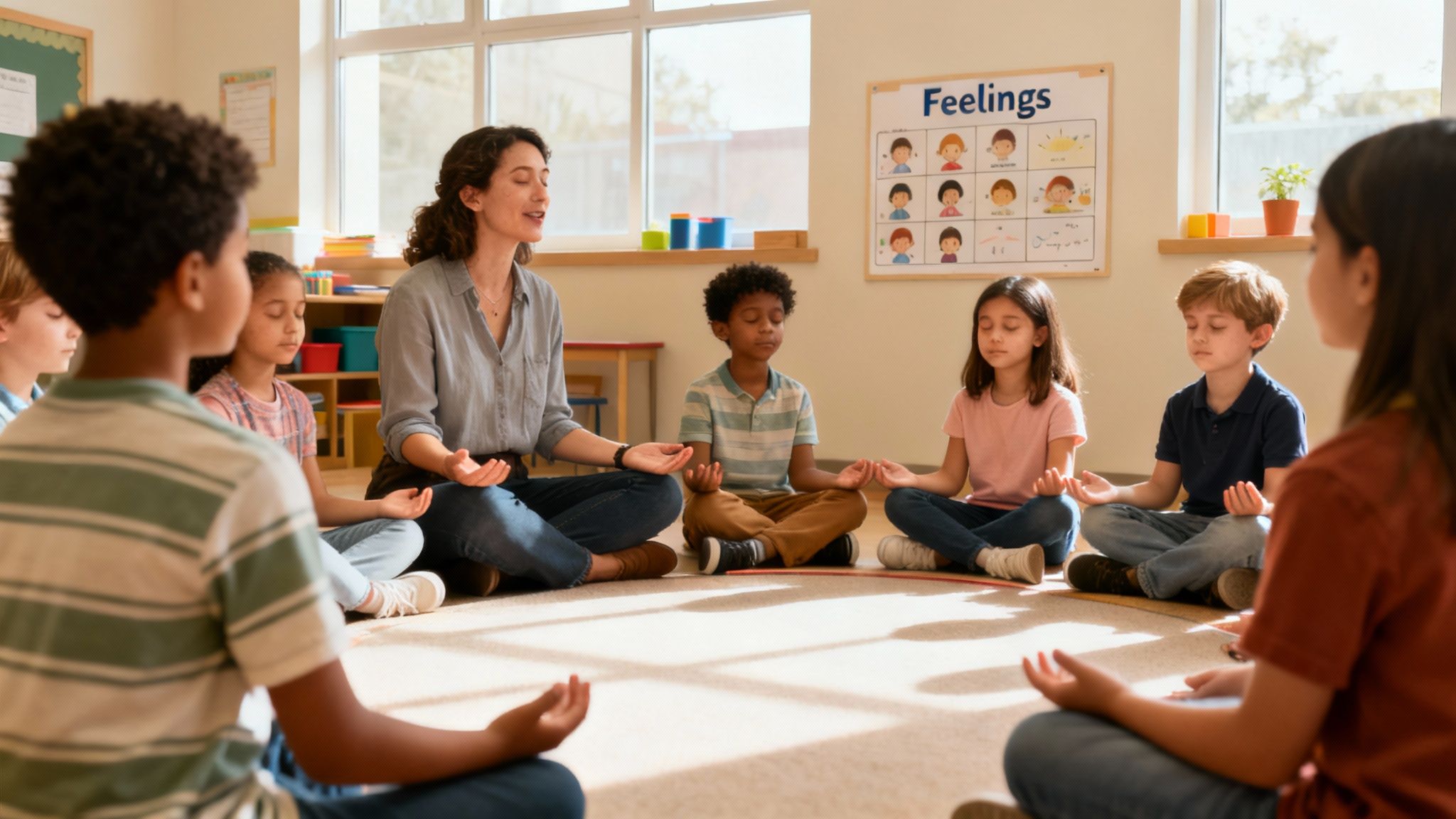 A teacher guides diverse elementary school children in a mindfulness meditation session in a bright classroom.