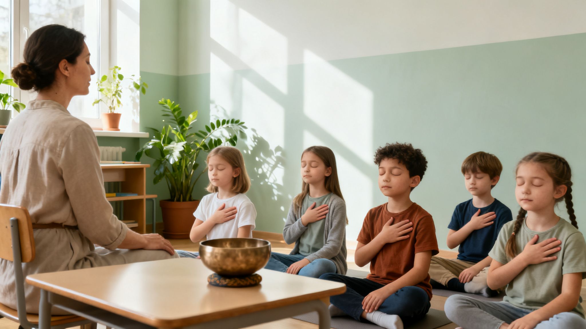 A teacher and diverse children meditating in a bright classroom with a singing bowl.