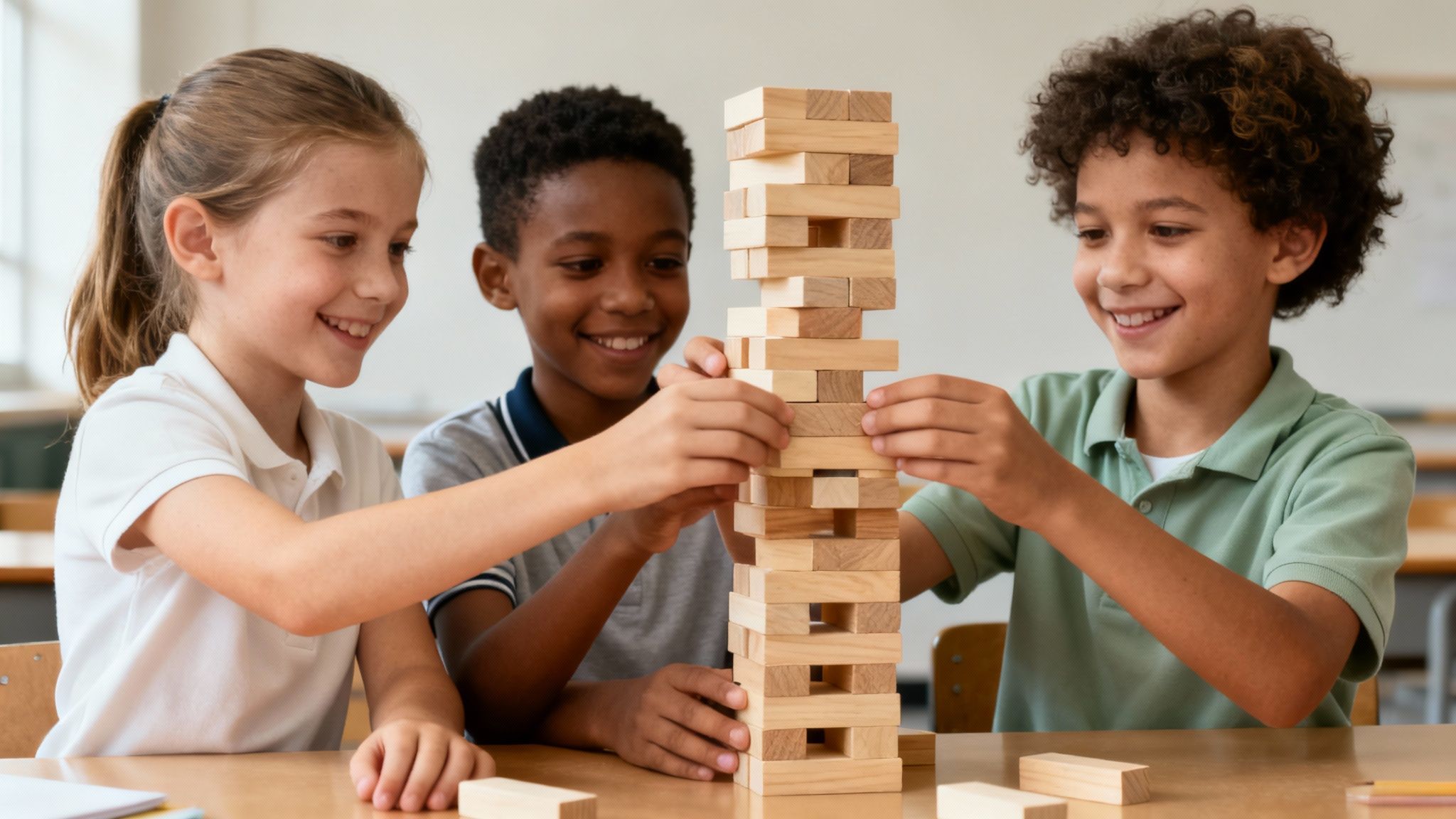 Three happy diverse elementary school children playing Jenga, carefully building a tall wooden block tower.