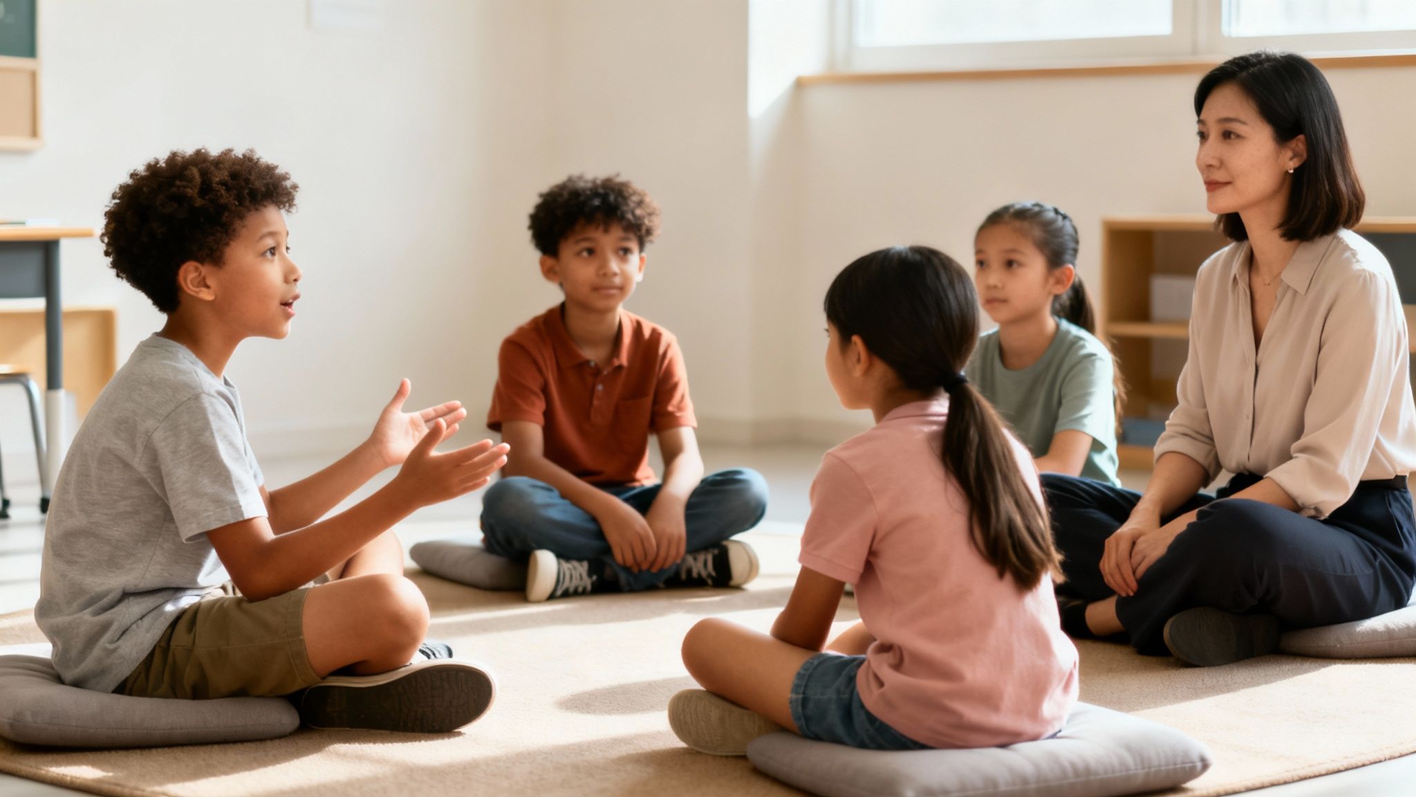 Diverse children and a teacher sitting on cushions in a circle, a boy actively speaking during a class.