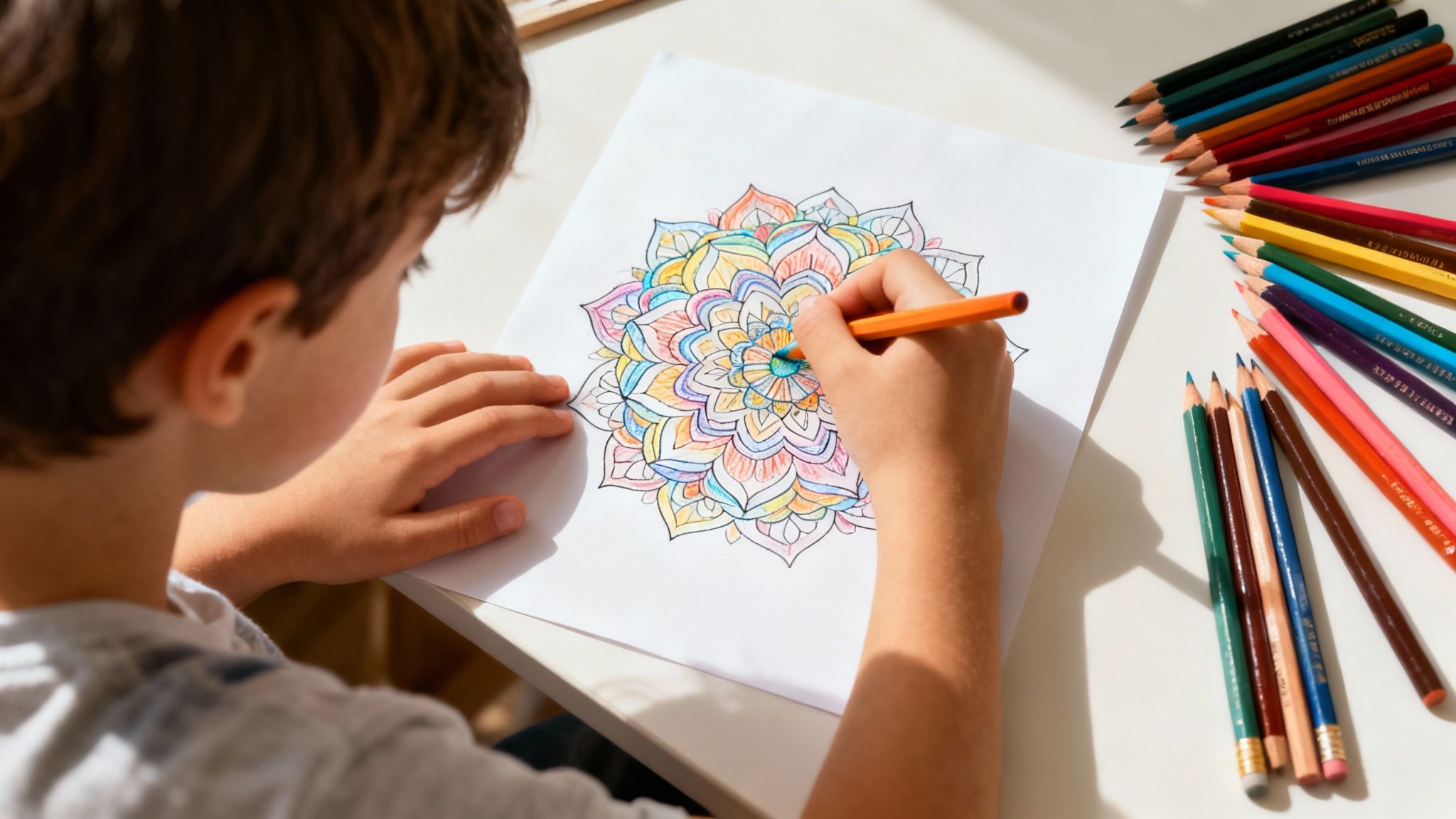 A child colors a vibrant mandala design on white paper with an orange pencil, surrounded by many colored pencils.