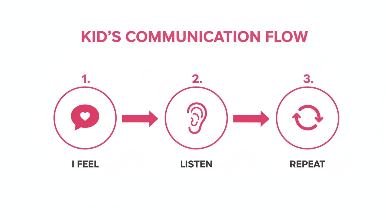 Diagram illustrating a kid's communication flow: 'I Feel,' 'Listen,' and 'Repeat' steps for healthy interaction.