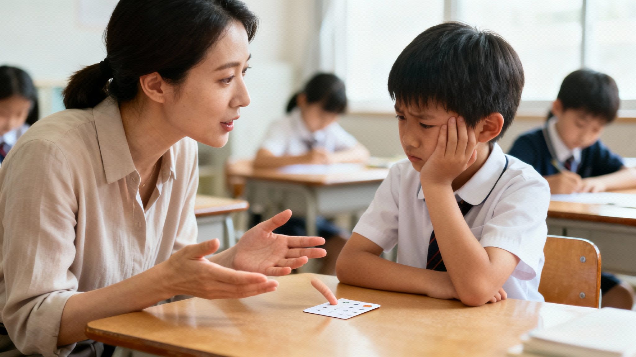 A compassionate teacher talks to a sad young student in a classroom, offering support.