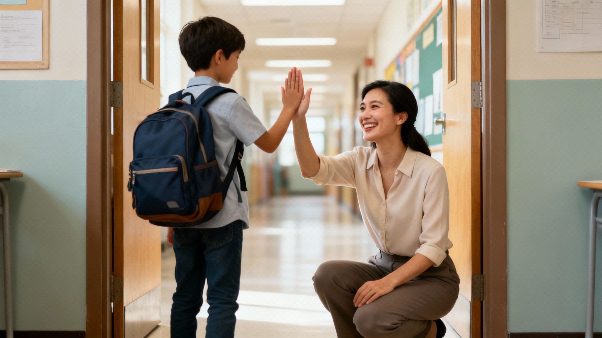 An Asian teacher high-fiving a young student with a backpack in a school hallway.