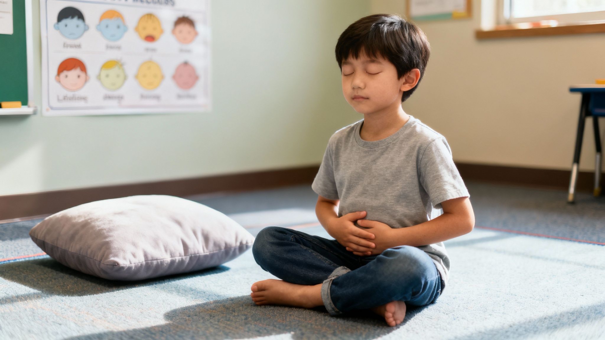 A young boy sits cross-legged with eyes closed and hands on his belly, practicing mindfulness.