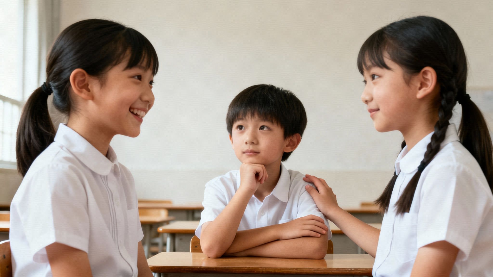 Two smiling girls and a thoughtful boy in school uniforms interacting in a bright classroom.