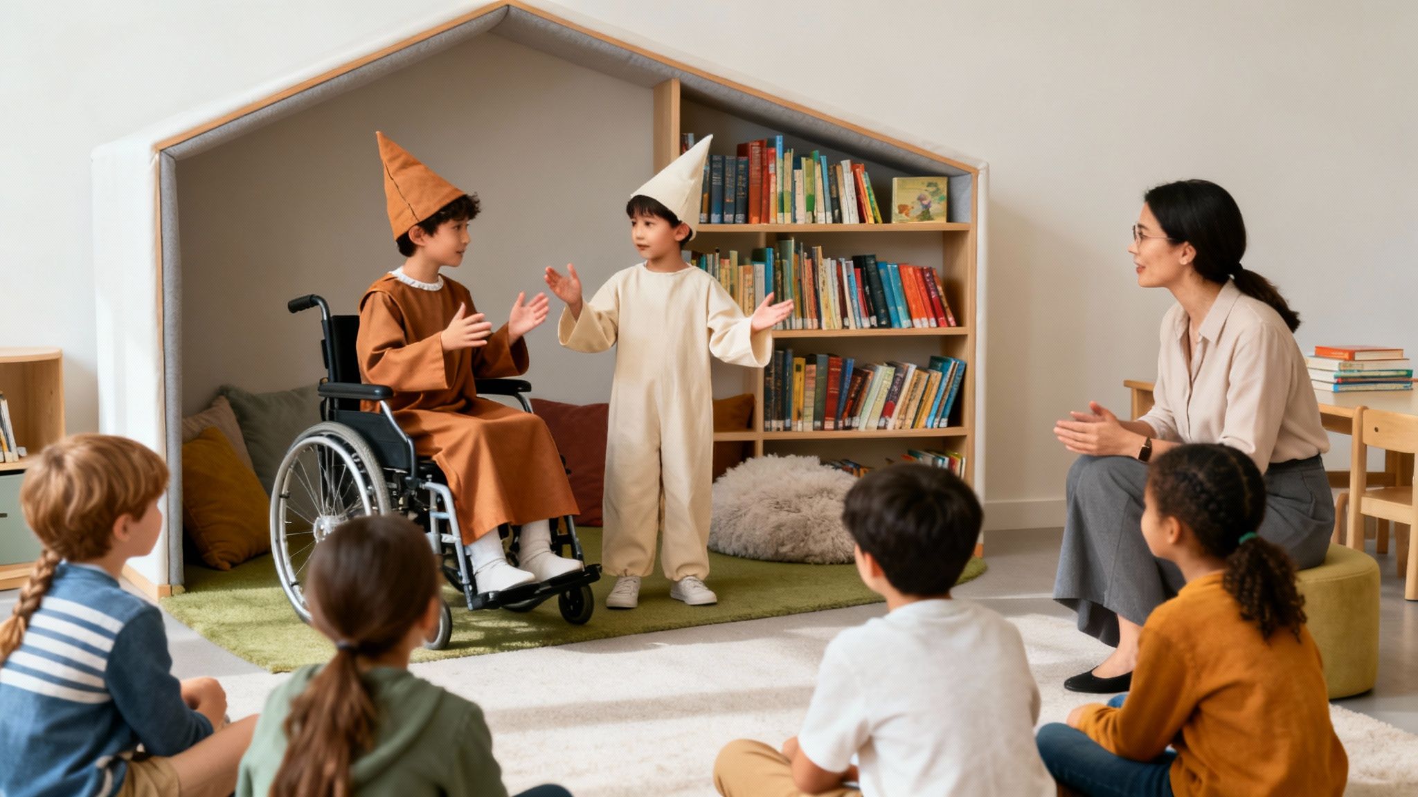 Kids in costumes, including one in a wheelchair, performing for a teacher and classmates in a cozy reading nook.
