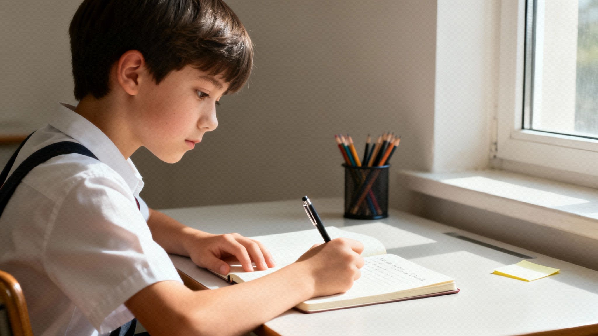A focused young student in a white shirt writes in a notebook at a sunlit desk.