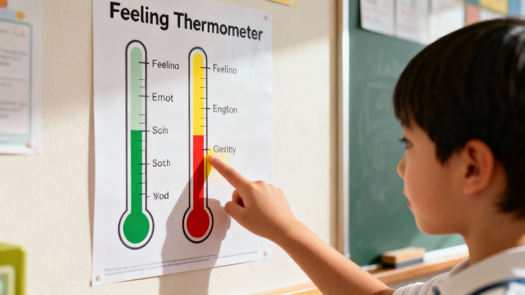 A young student points at a "Feeling Thermometer" chart displaying different emotions in a classroom.