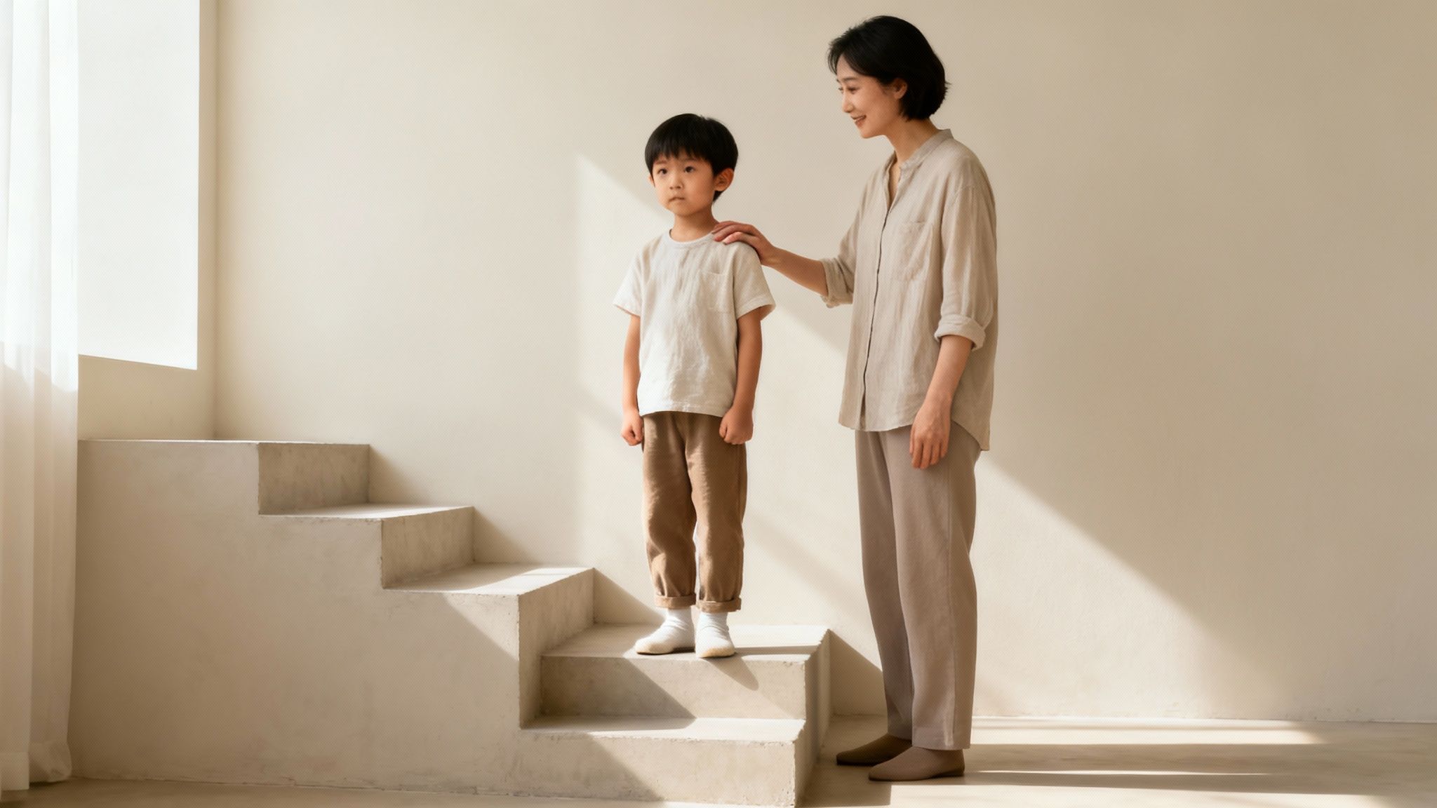 A mother gently encourages her young son standing on stairs in a sunlit room.