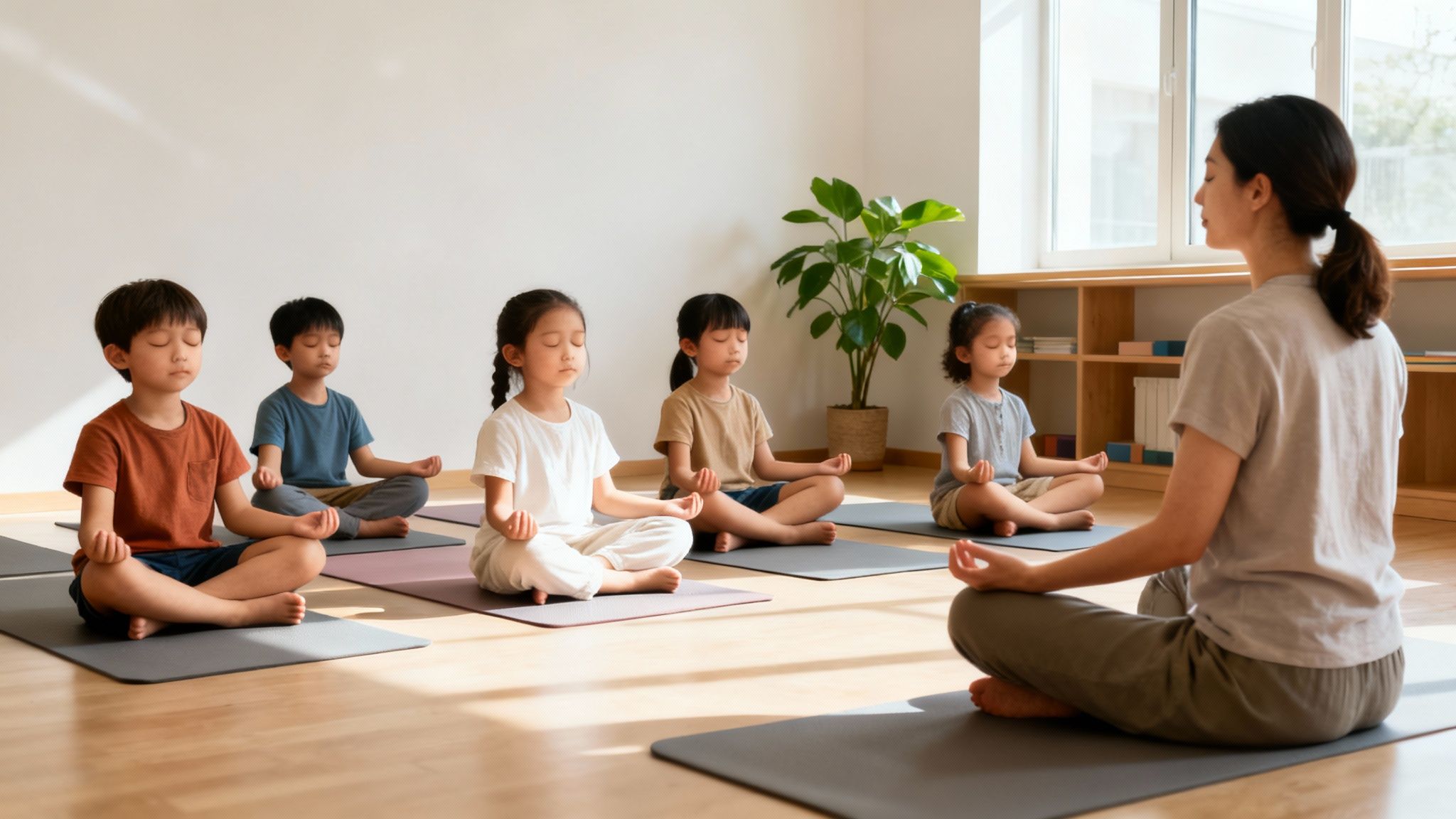 A teacher leads a group of young Asian children in a peaceful yoga meditation session.