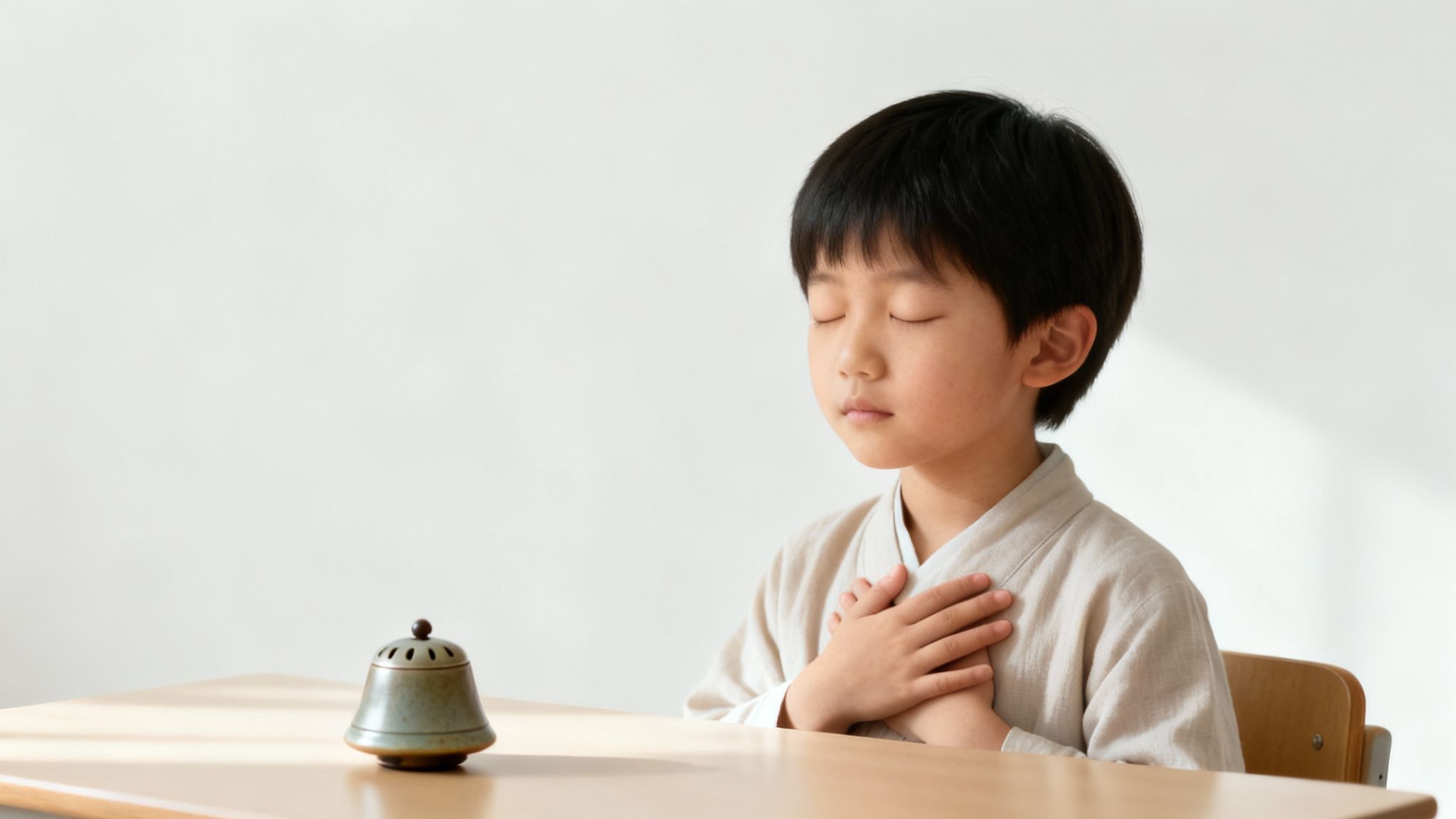 A serene young Asian boy meditating with closed eyes and hands on his chest, next to an incense burner.