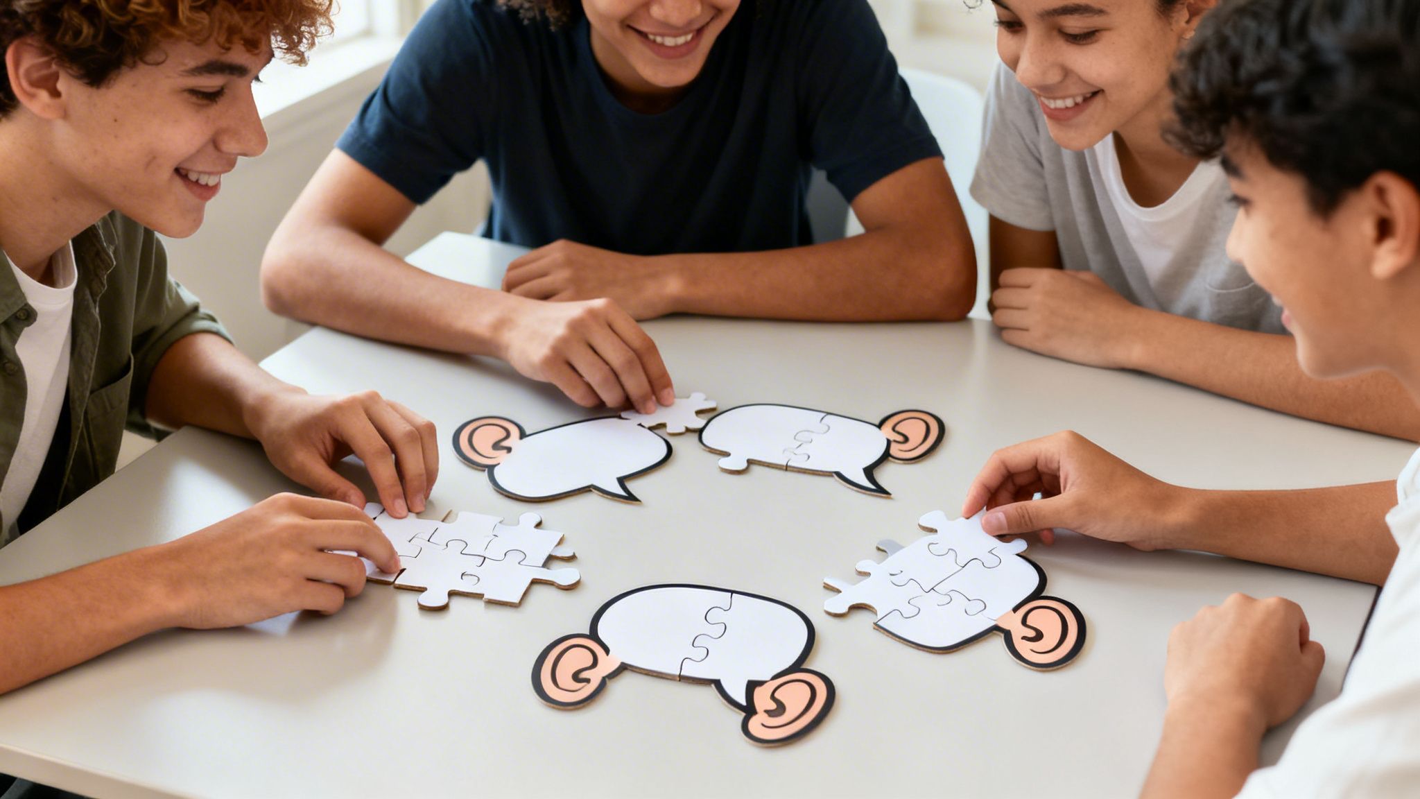 Smiling diverse young people assemble speech bubble puzzles with ears, symbolizing active listening and communication.