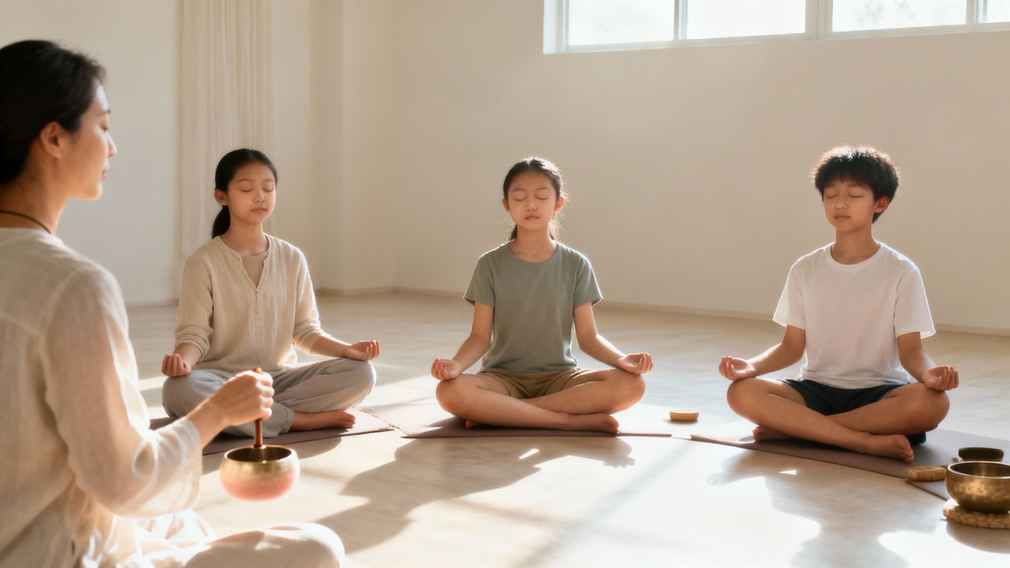 An instructor leads three children in a meditation session with a singing bowl in a bright room.