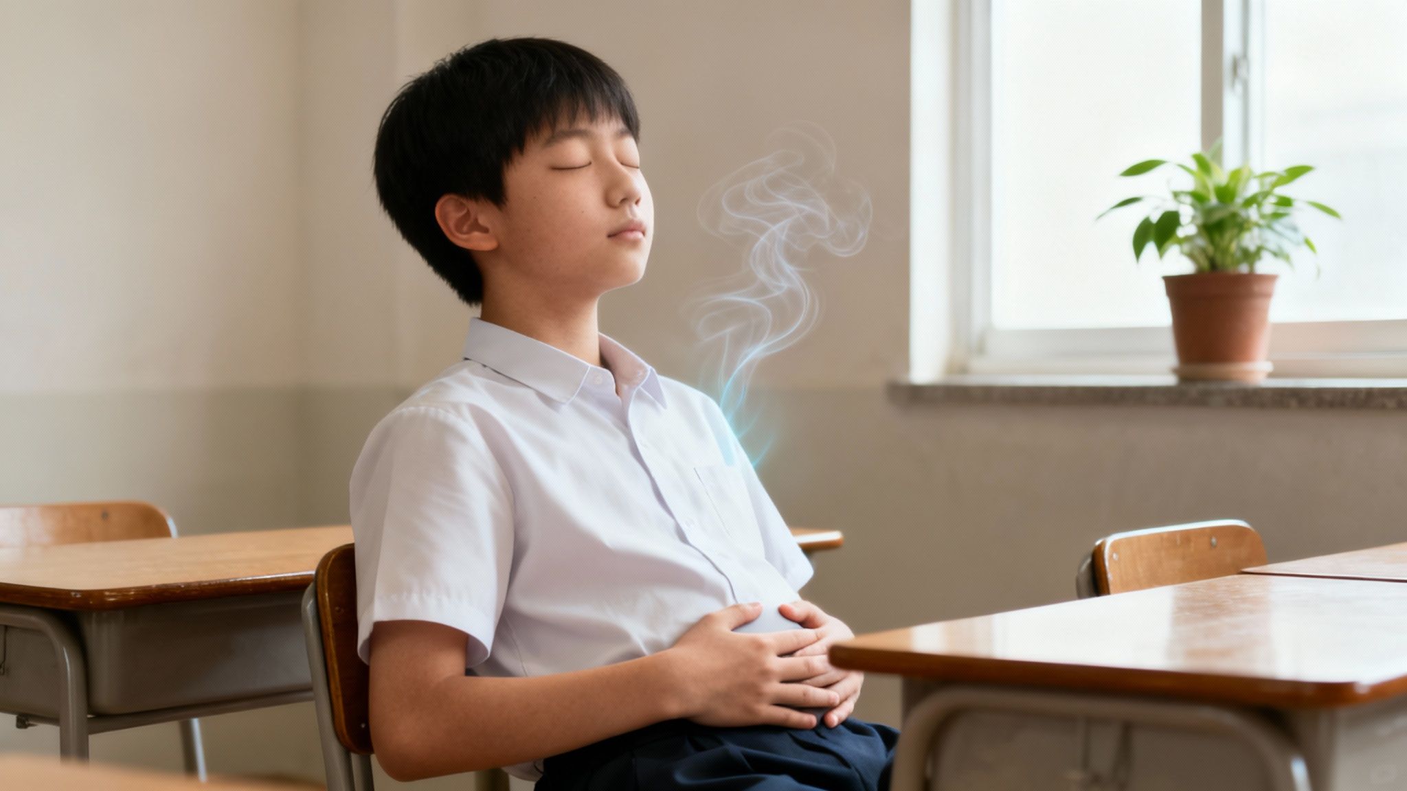 A young Asian boy meditating in a classroom, with hands on stomach and eyes closed.