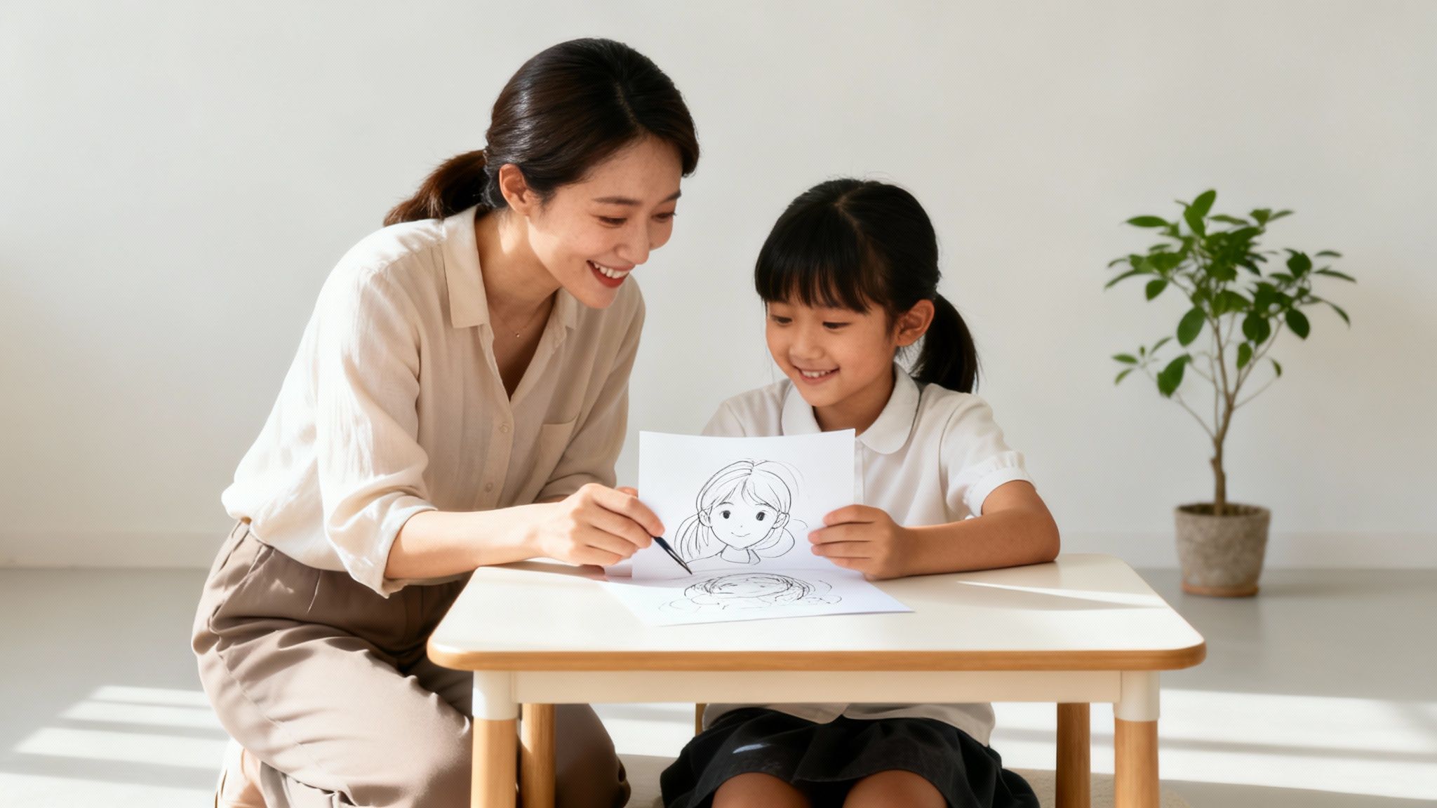 A smiling Asian woman and a young girl look at a drawing of a cartoon face together.