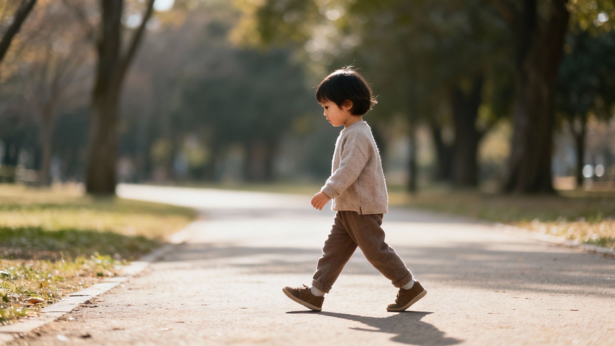 A young child walks alone on a sunlit paved path through a park, enjoying nature.