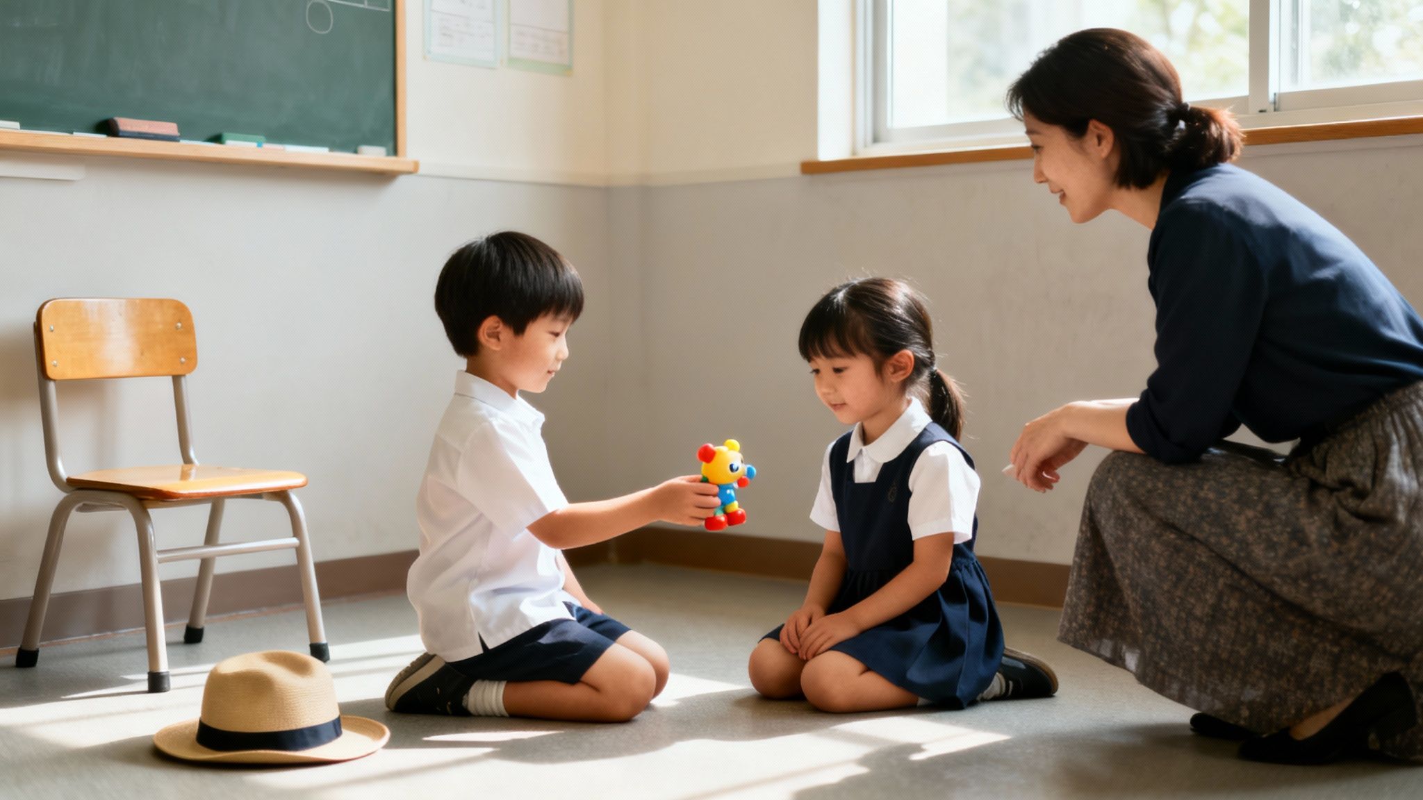 A boy offers a colorful toy to a girl, learning sharing skills under adult supervision.