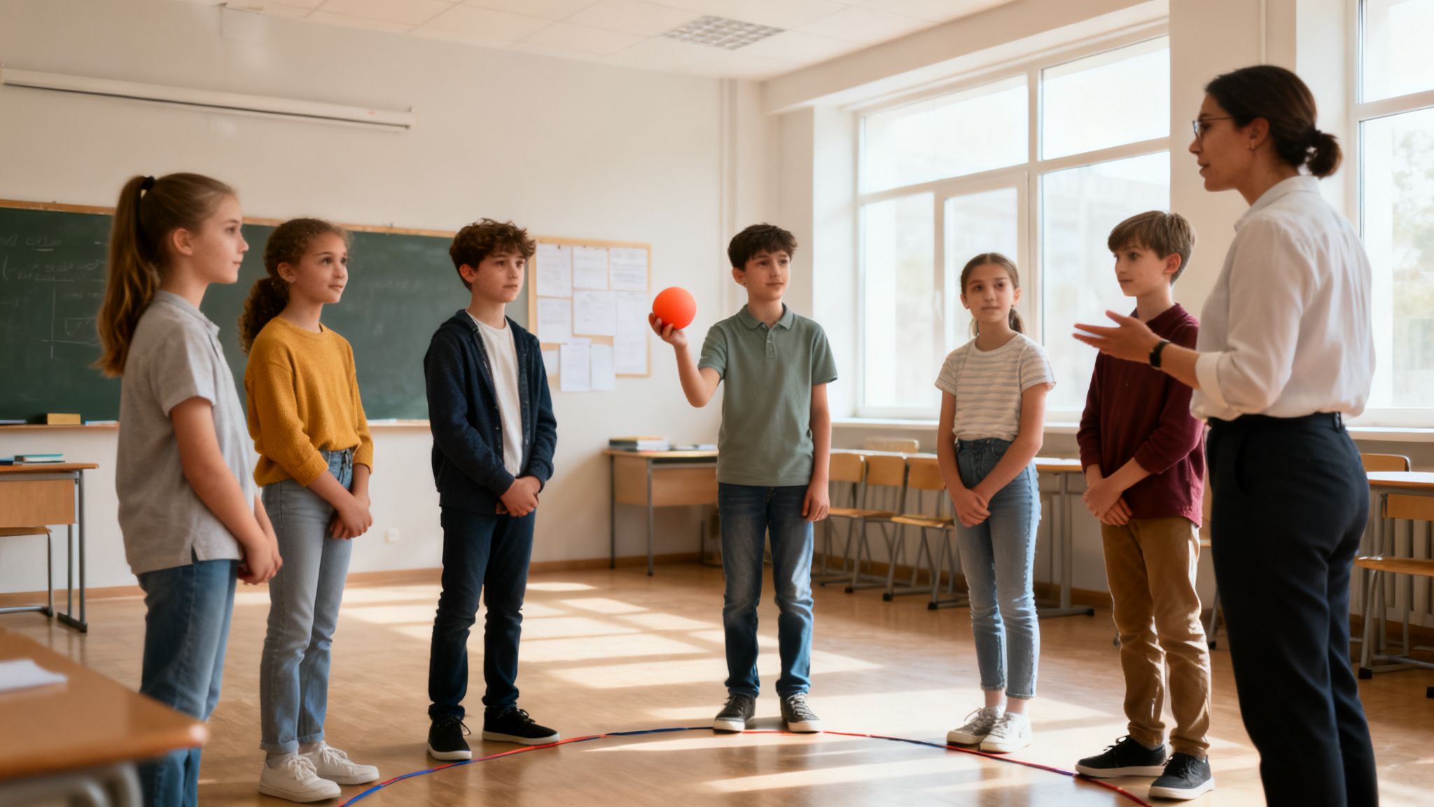 A female teacher engages a group of elementary students standing in a circle, playing a game with an orange ball.