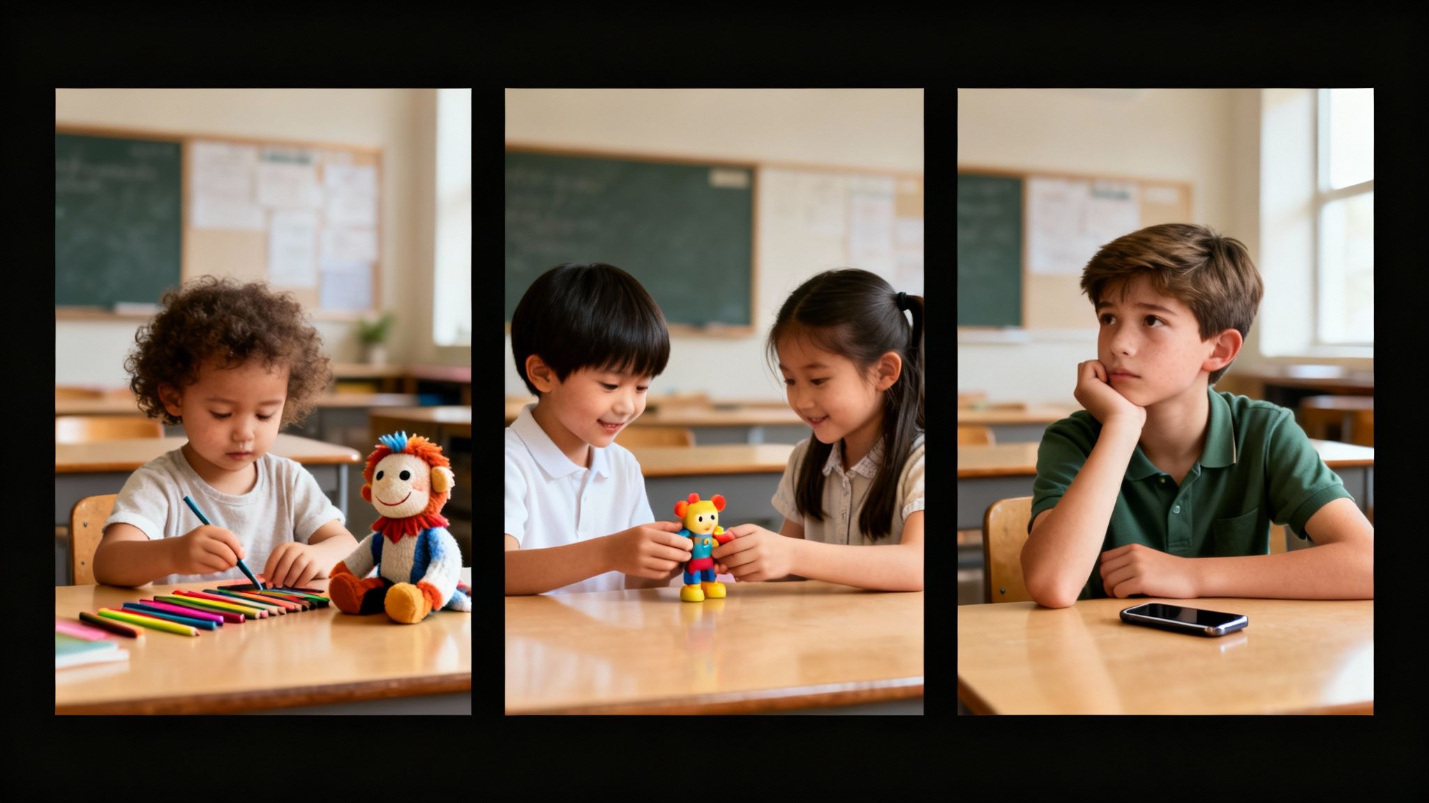 Three children in a classroom: a toddler drawing, two kids playing with a toy, and a boy thinking.