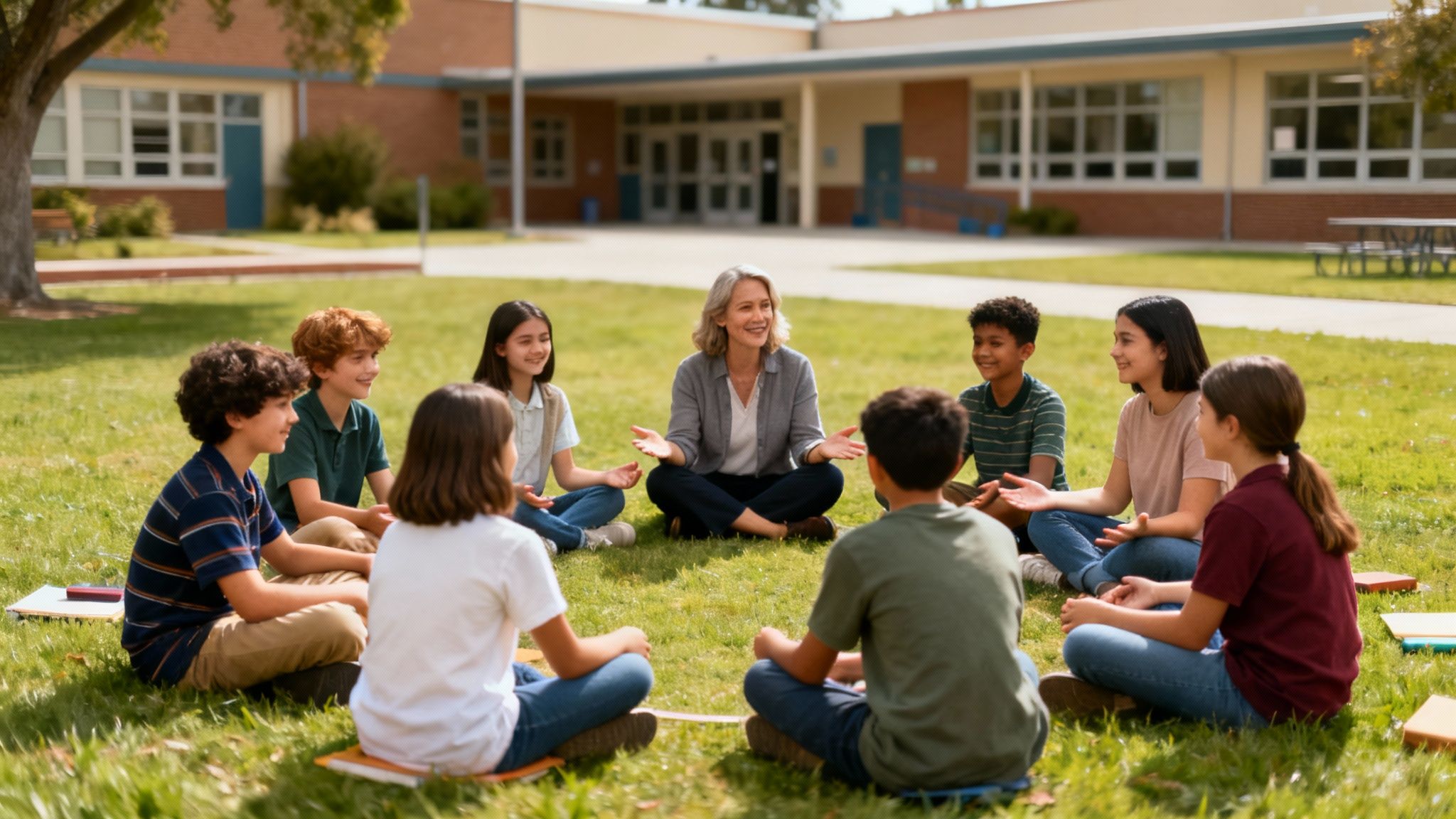A teacher and diverse students sit in a circle on the grass outside a school, having a discussion.