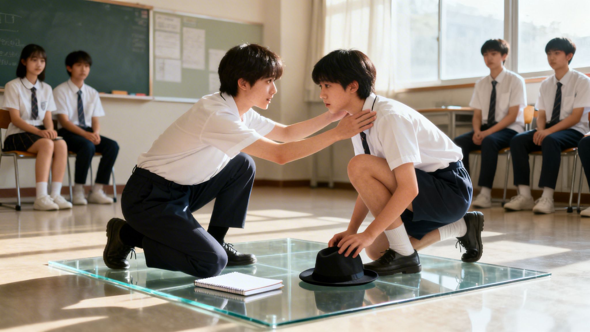 Two male students in school uniforms perform a dramatic scene on a glass platform.