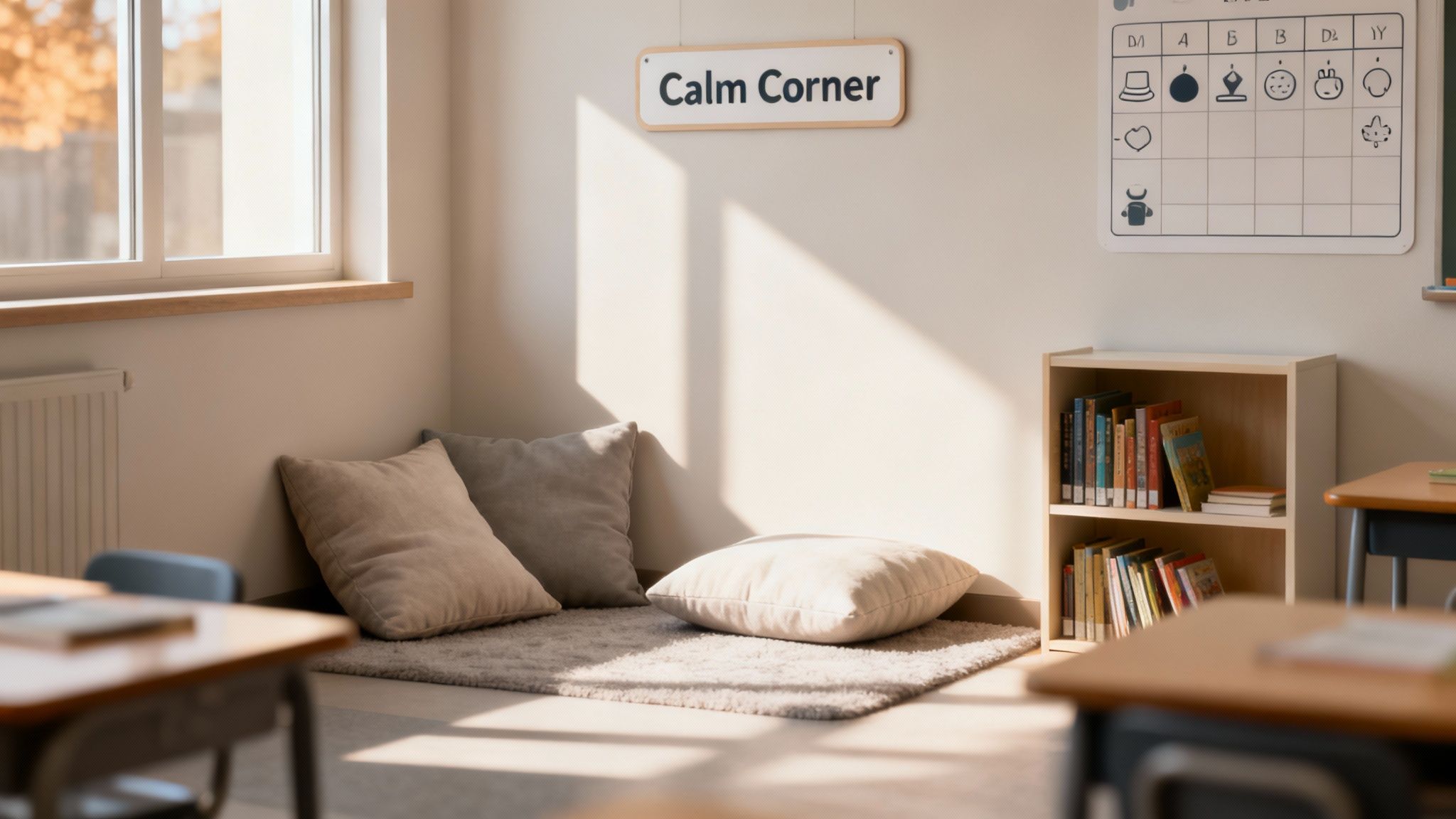 A cozy classroom calm corner with soft pillows, books, and a window for relaxation.