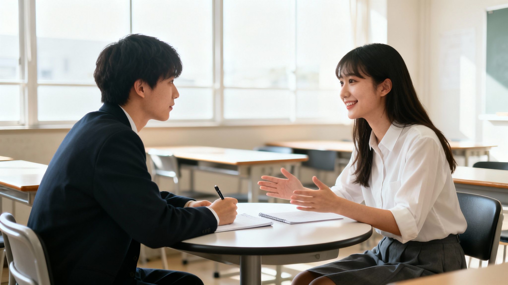 Two students in a classroom, one speaking with gestures and the other taking notes at a table.