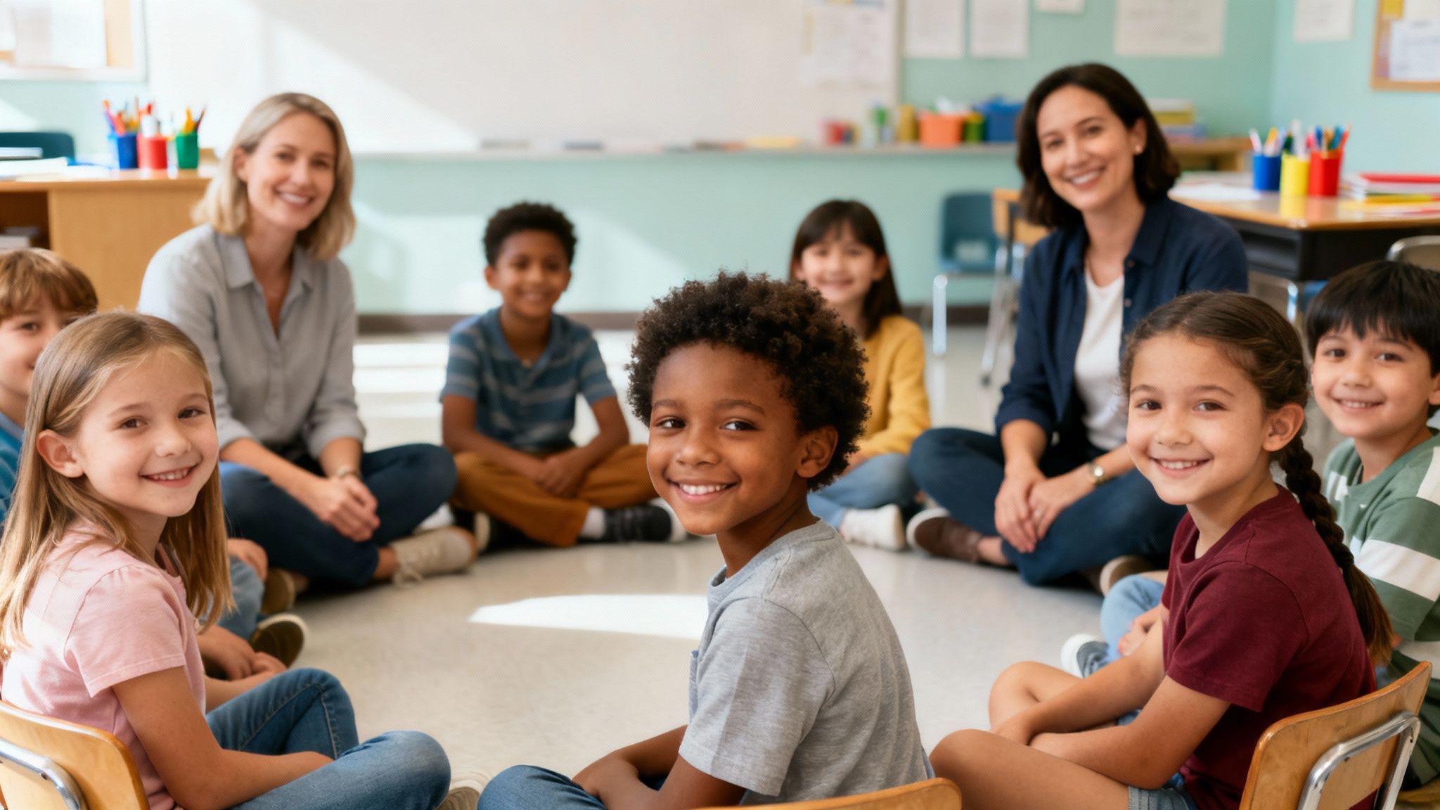 A group of smiling teachers and diverse elementary school children sitting in a circle in a classroom.