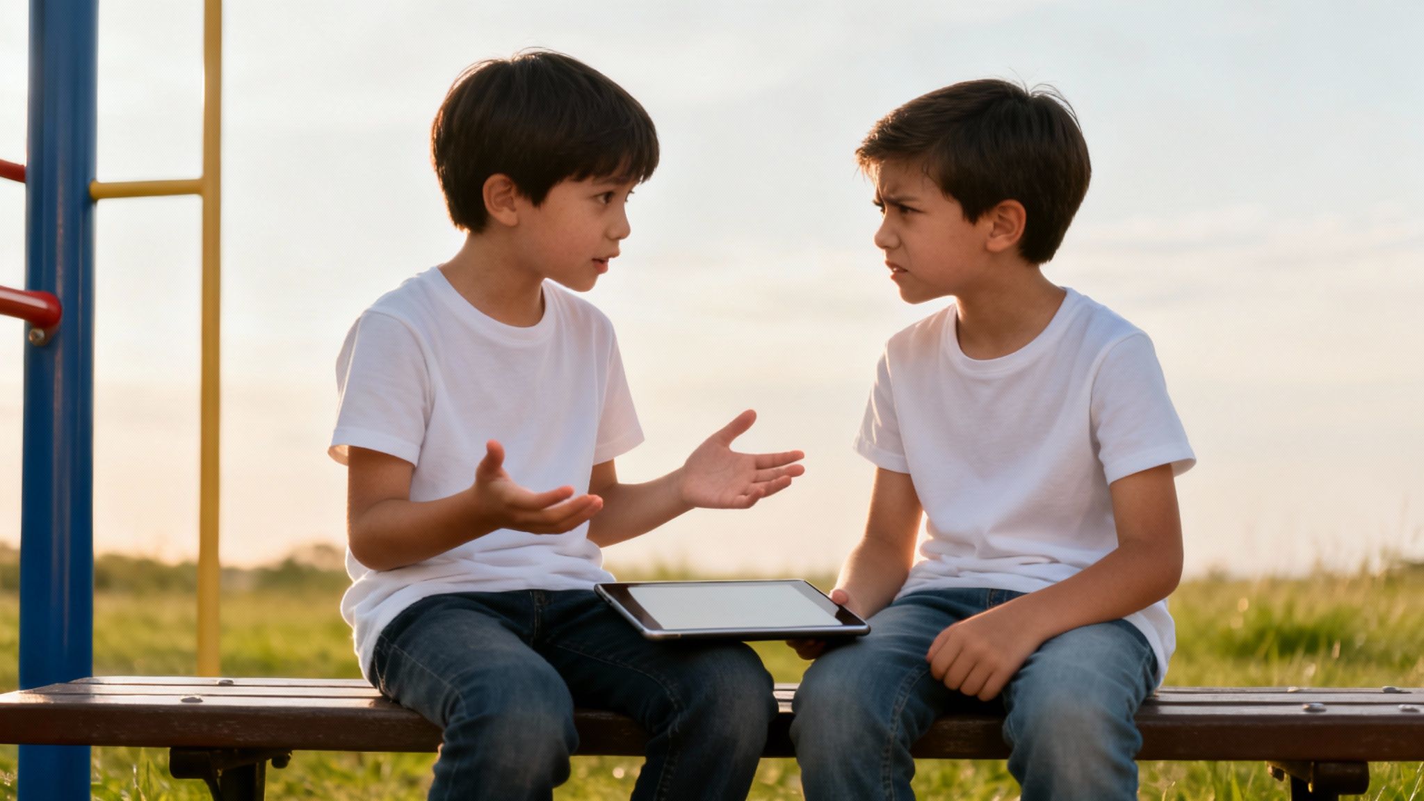 Two young boys sitting on a park bench, one holding a tablet, engaged in a serious discussion.