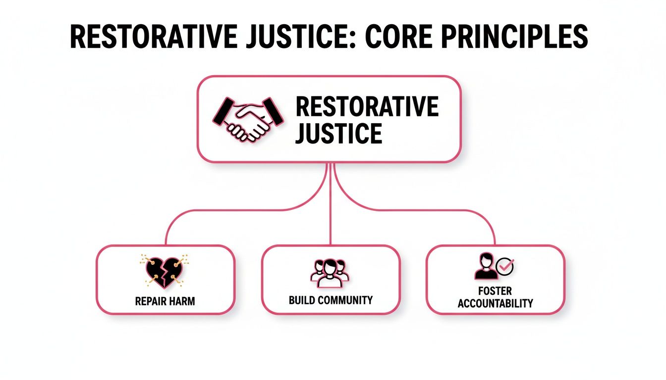 Diagram illustrating the core principles of Restorative Justice: Repair Harm, Build Community, Foster Accountability.
