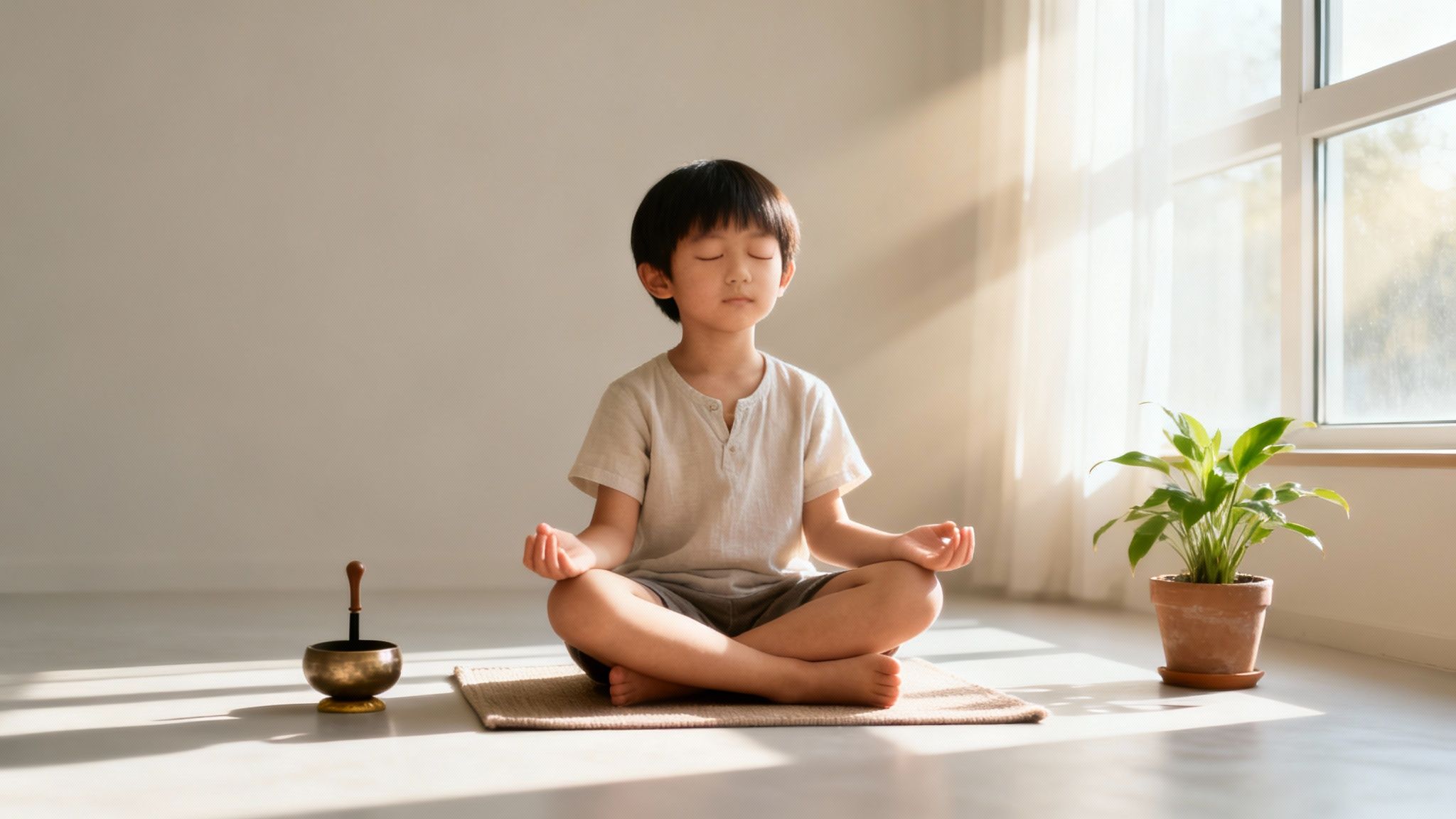 Serene young Asian boy meditating cross-legged on a mat in a sunlit room with a singing bowl.