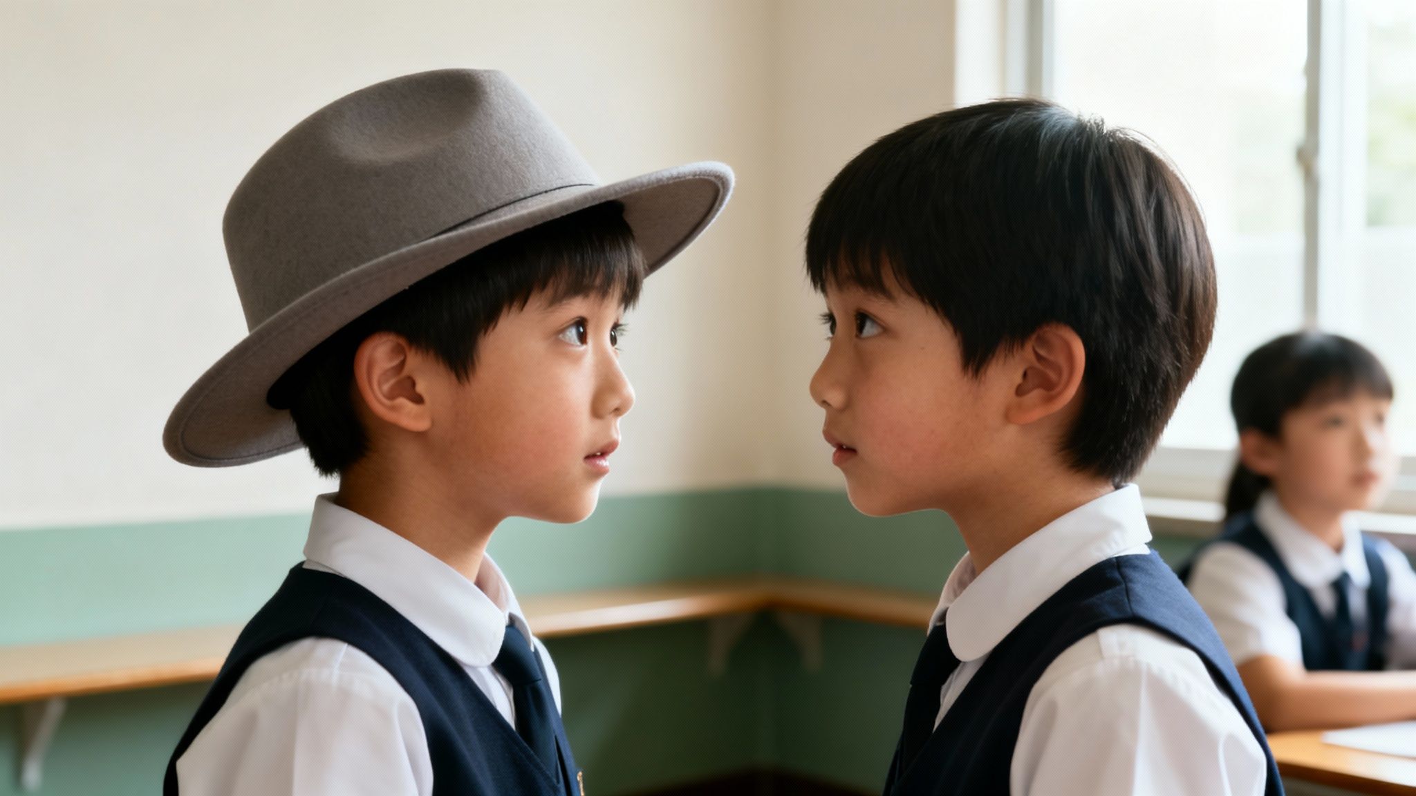 Two young boys in school uniforms face each other intently in a classroom, one wearing a hat.