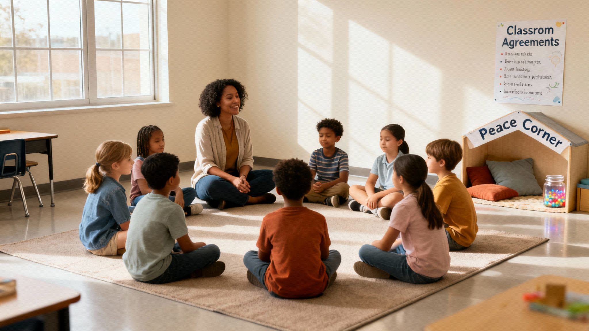 A smiling teacher leads a diverse group of children sitting in a classroom circle.