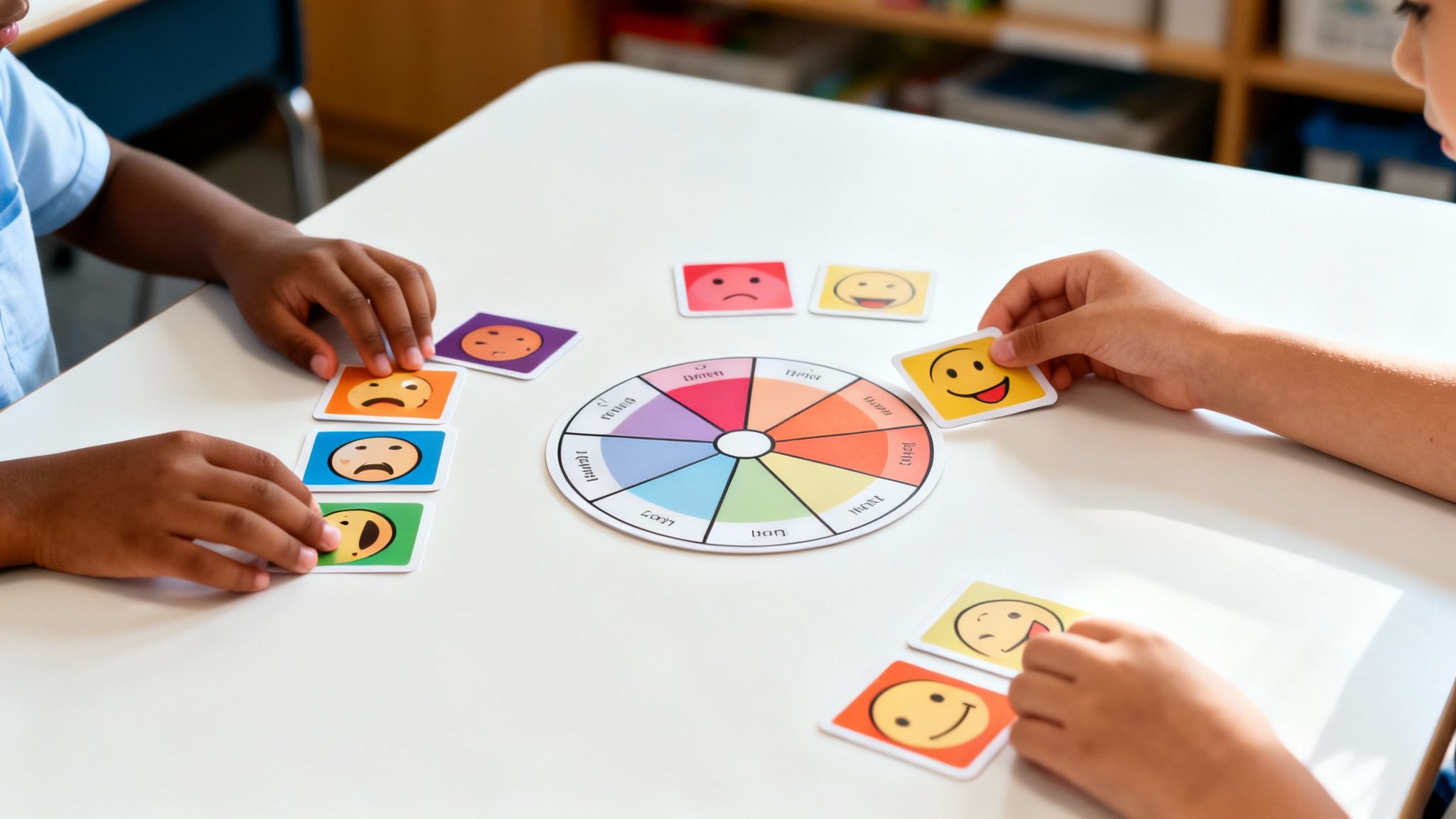 Children's hands sorting colorful emotion cards around a feelings wheel on a white table.