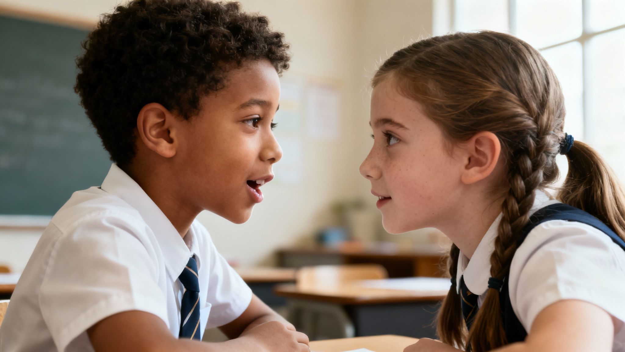 Two diverse school children, a boy and a girl, intently talk to each other in a classroom.