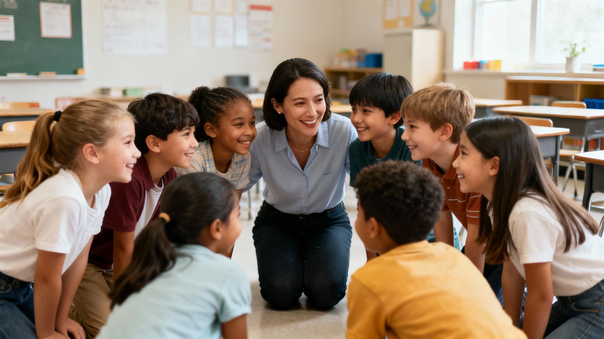 Diverse elementary students and their teacher are happily engaged in a classroom circle discussion.