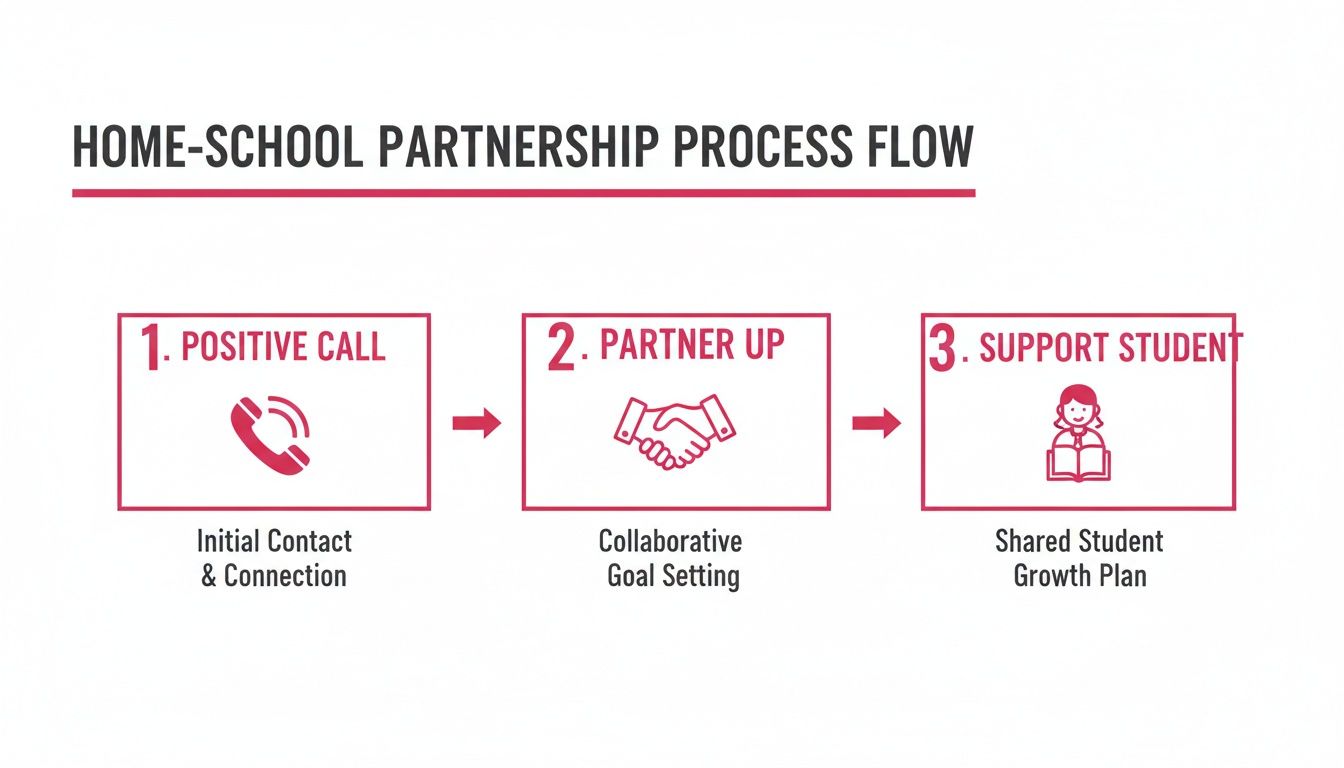 A three-step flow chart illustrating the home-school partnership process for student support with icons.