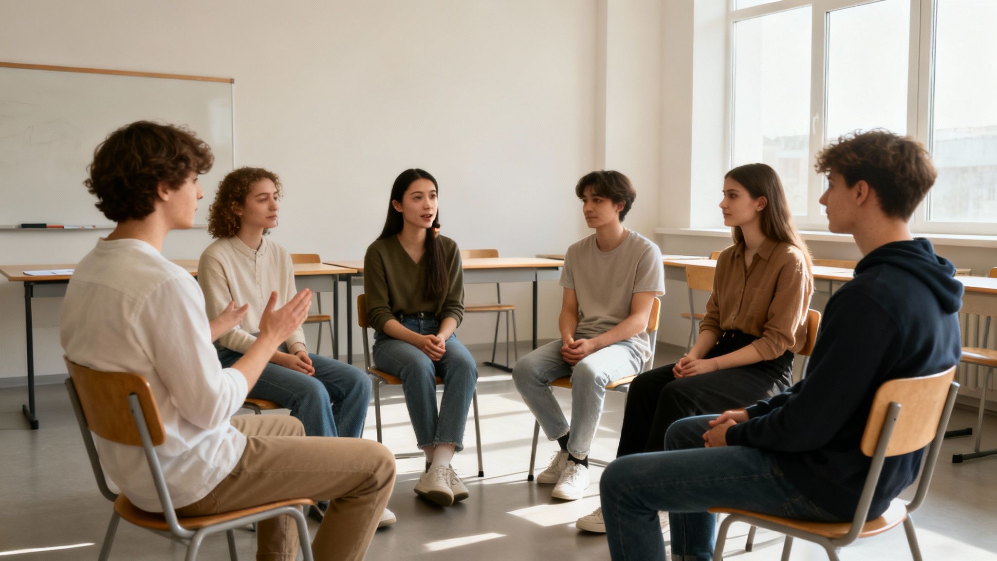 Students sit in a circle in a bright classroom, engaged in a group discussion or restorative practice.