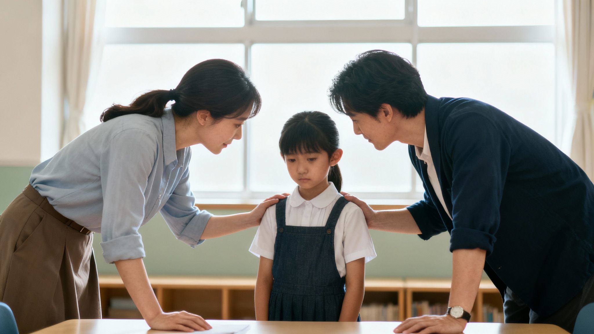 Two adults comfort a sad young girl in a classroom, placing hands on her shoulders.