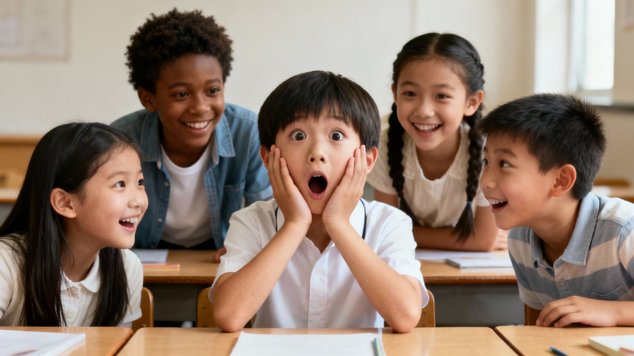 Diverse group of elementary school children reacting with surprise and joy in a classroom.