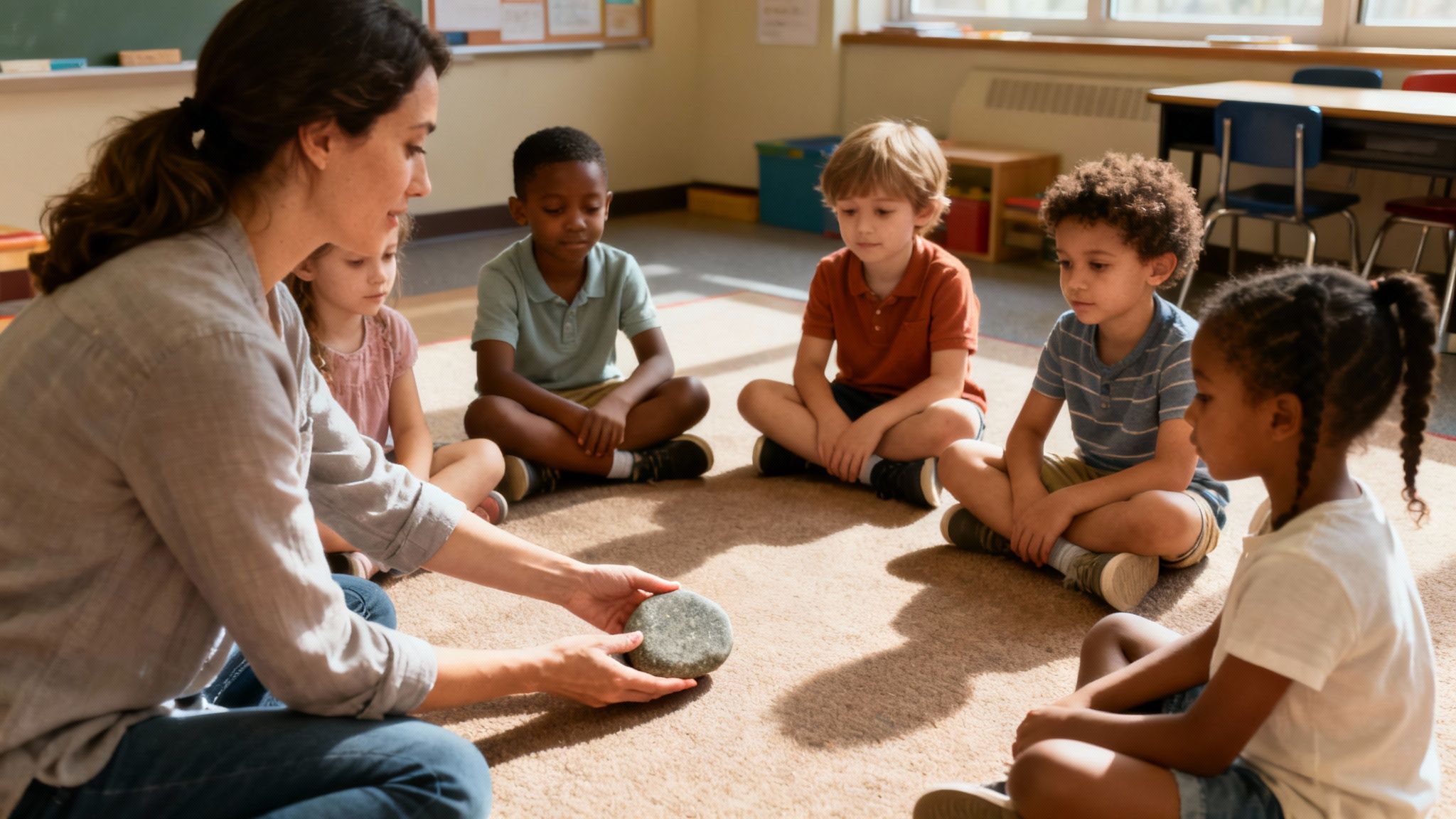 A teacher and diverse children sit in a circle, engaged in a social activity with a rock.