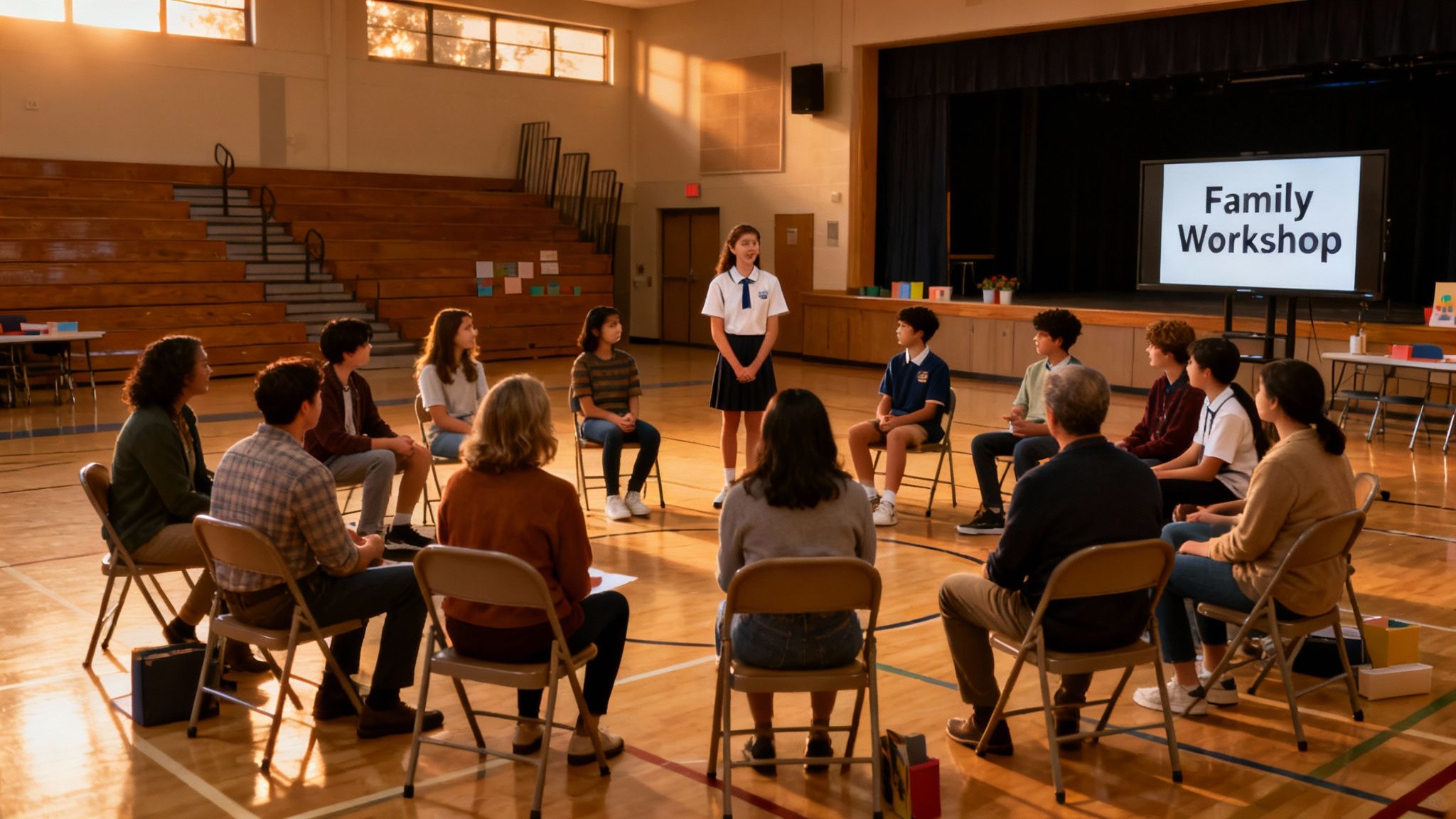 A diverse group of students and adults sitting in a circle during a 'Family Workshop' in a school gym.
