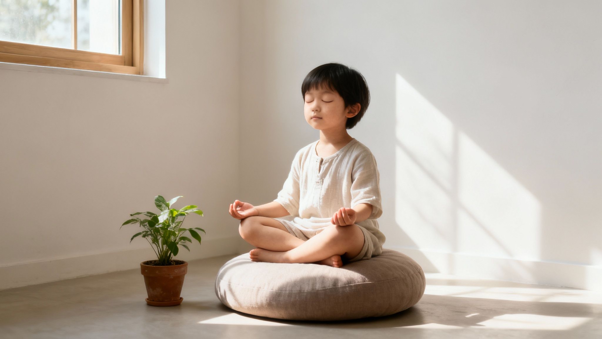 A young child with dark hair meditates peacefully on a round cushion in a sunlit room.