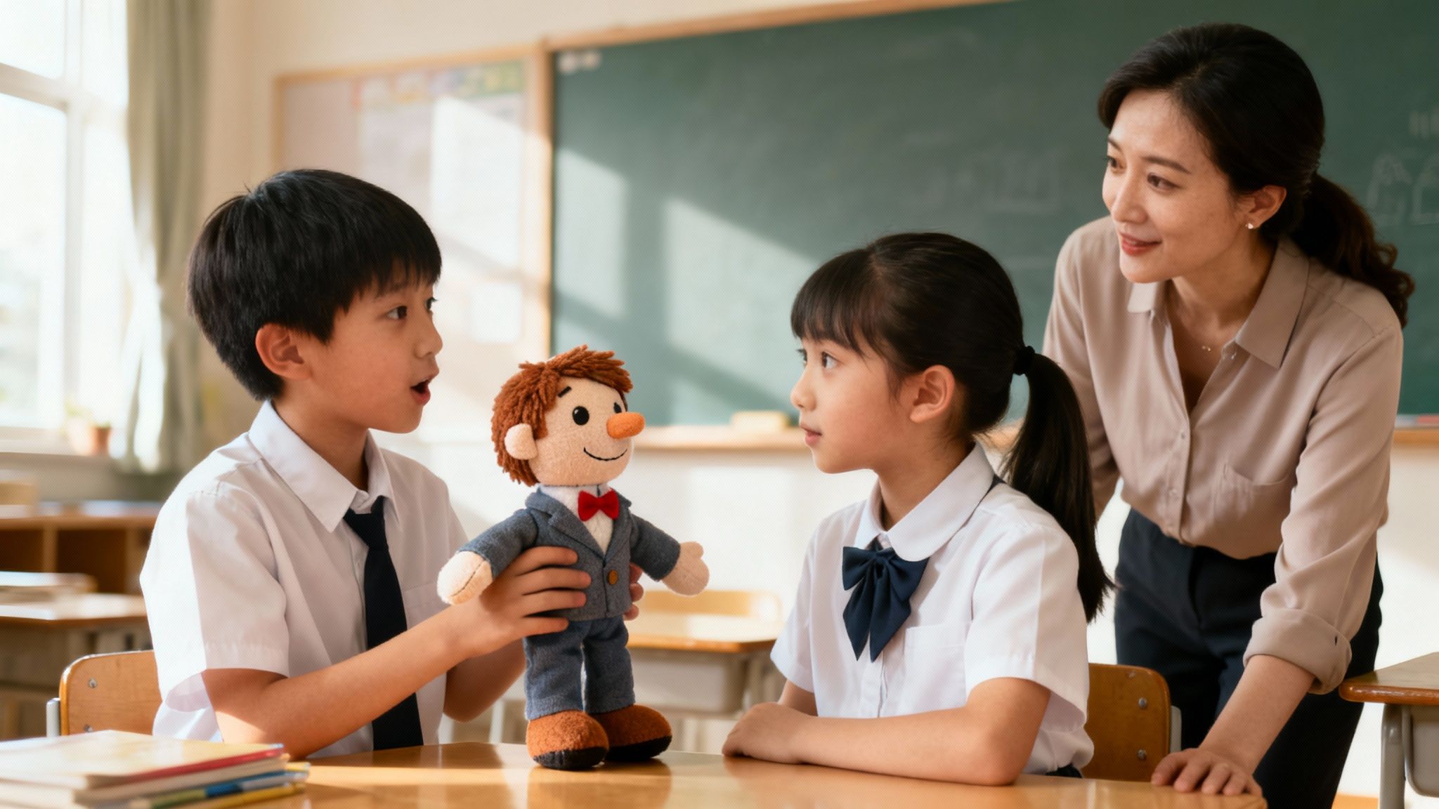 A teacher observes two students, a boy and a girl, engaging with a doll in a classroom.