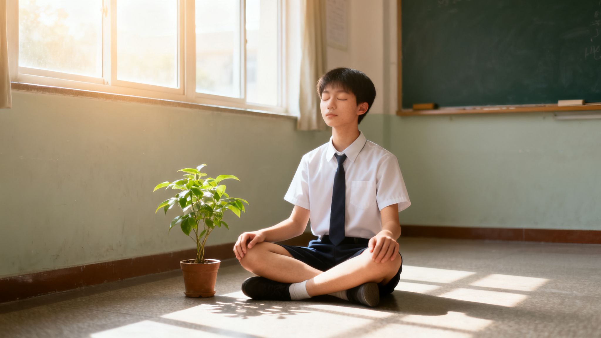 A young student in uniform meditates peacefully on a classroom floor beside a small plant.