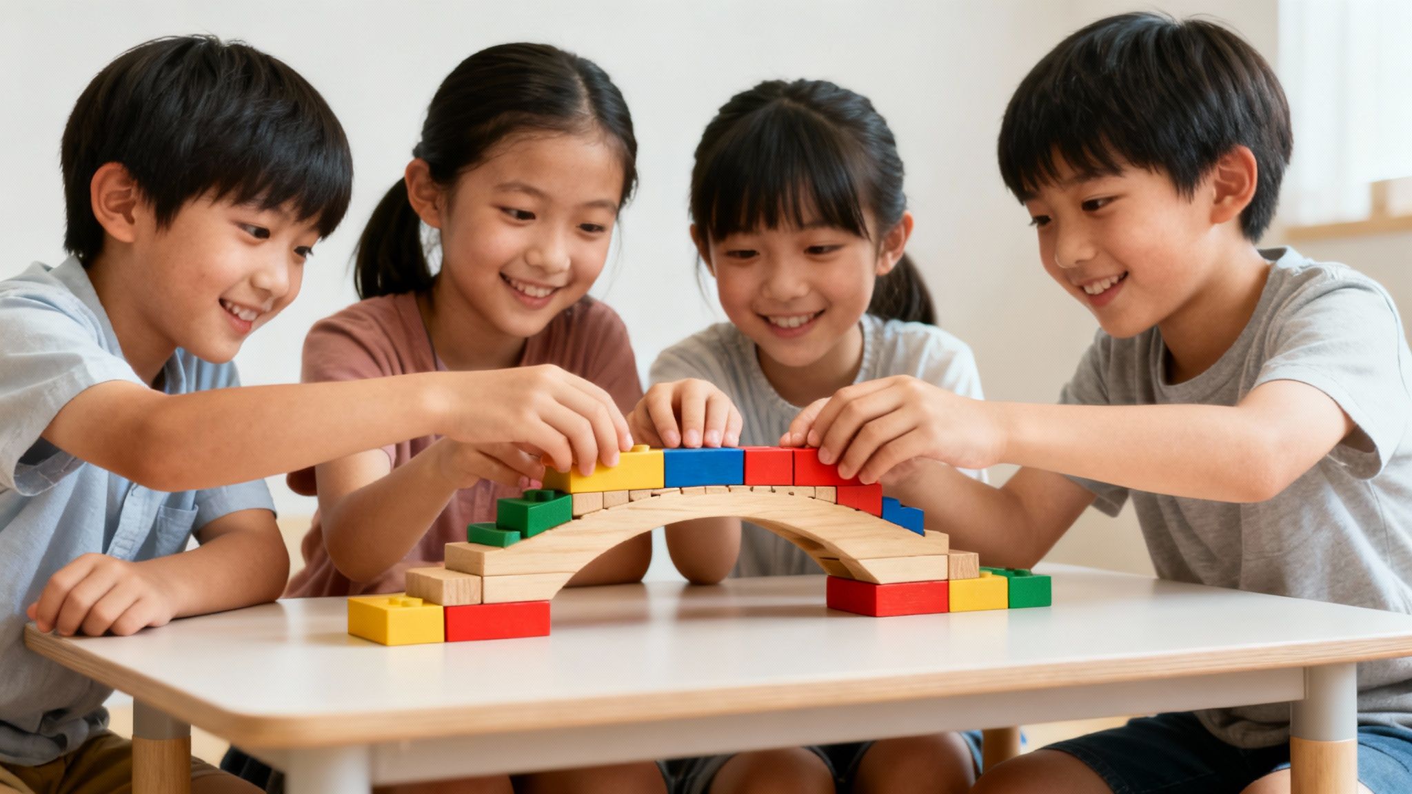 Happy diverse children building a colorful wooden bridge with blocks, fostering social skills.