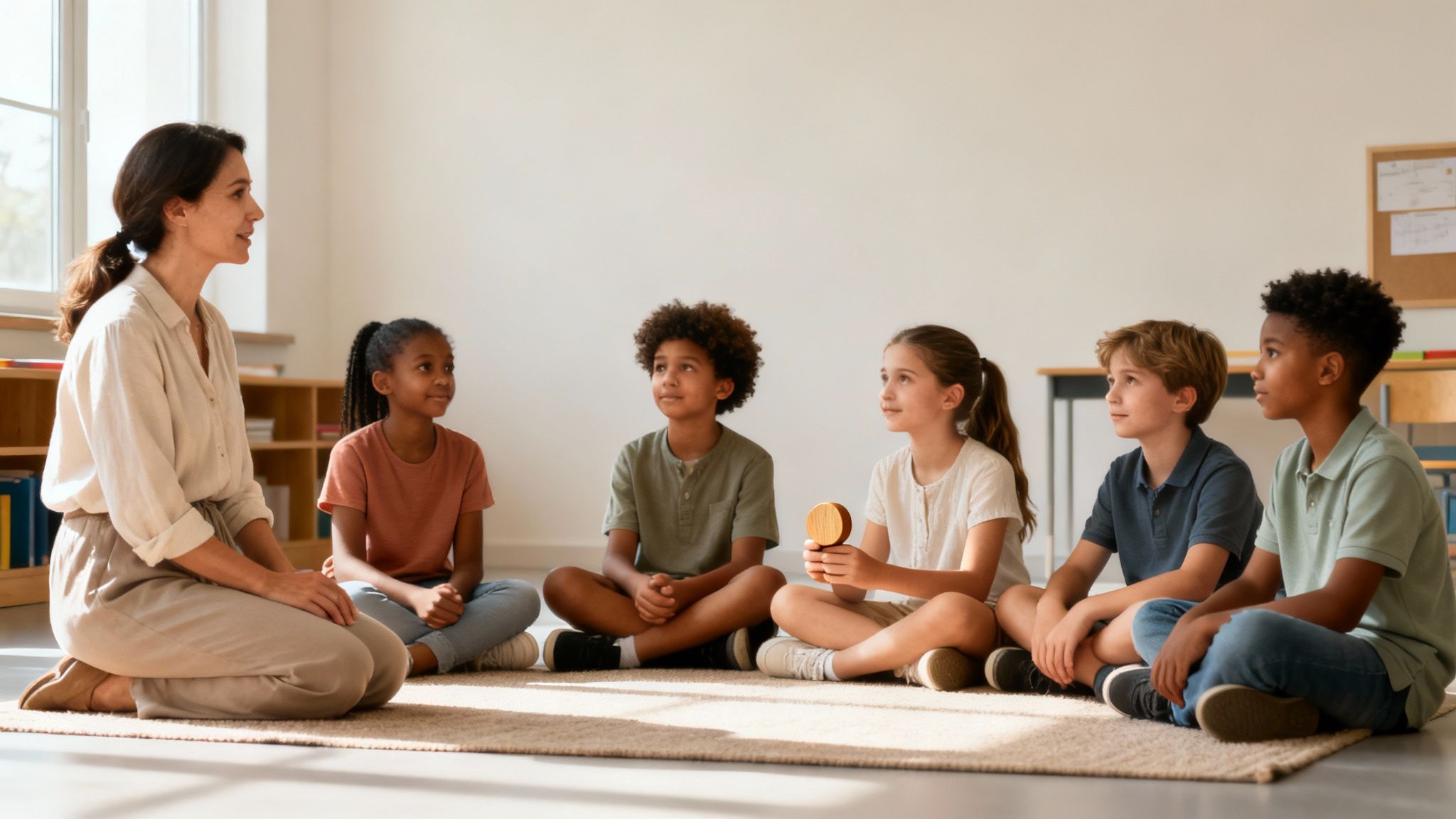 A diverse group of elementary students and their female teacher sit on the floor in a classroom, engaged.